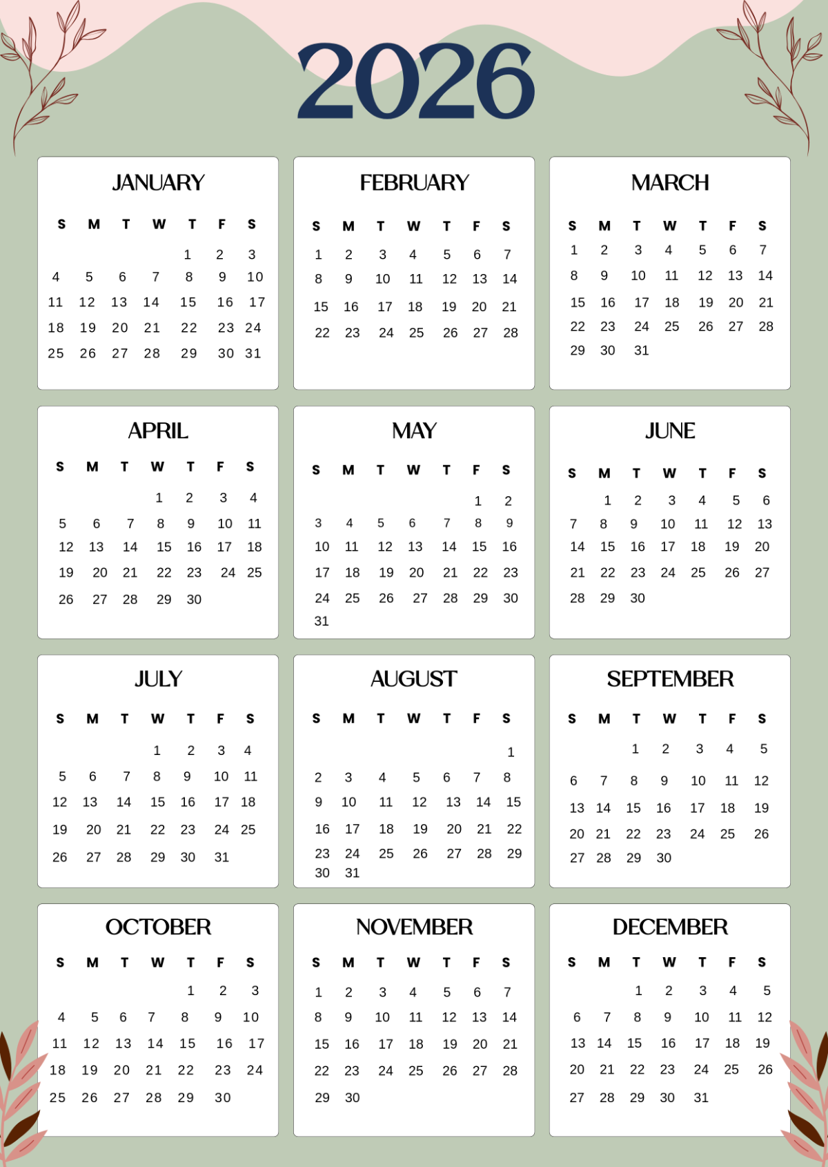 2026 One Page Calendar Printable Free
