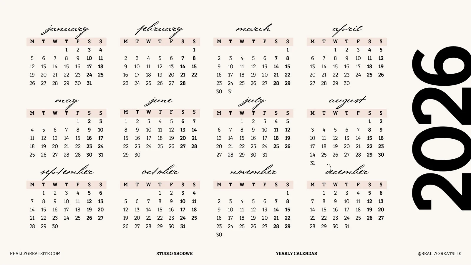 Online 12 Month Calendar 2026