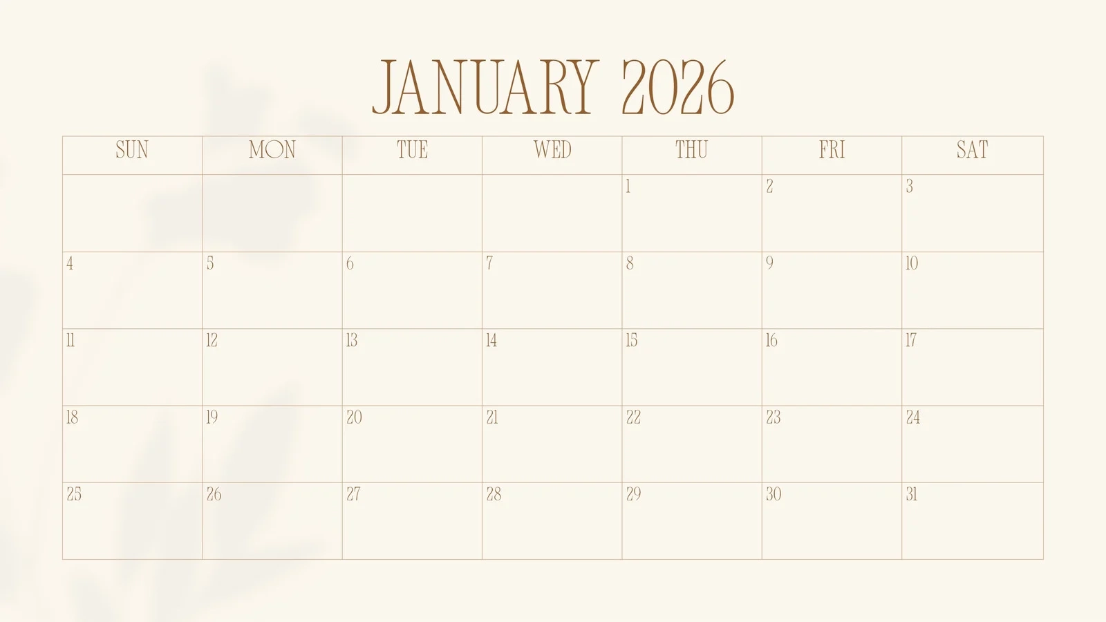 Jan 2026 Calendar Printable