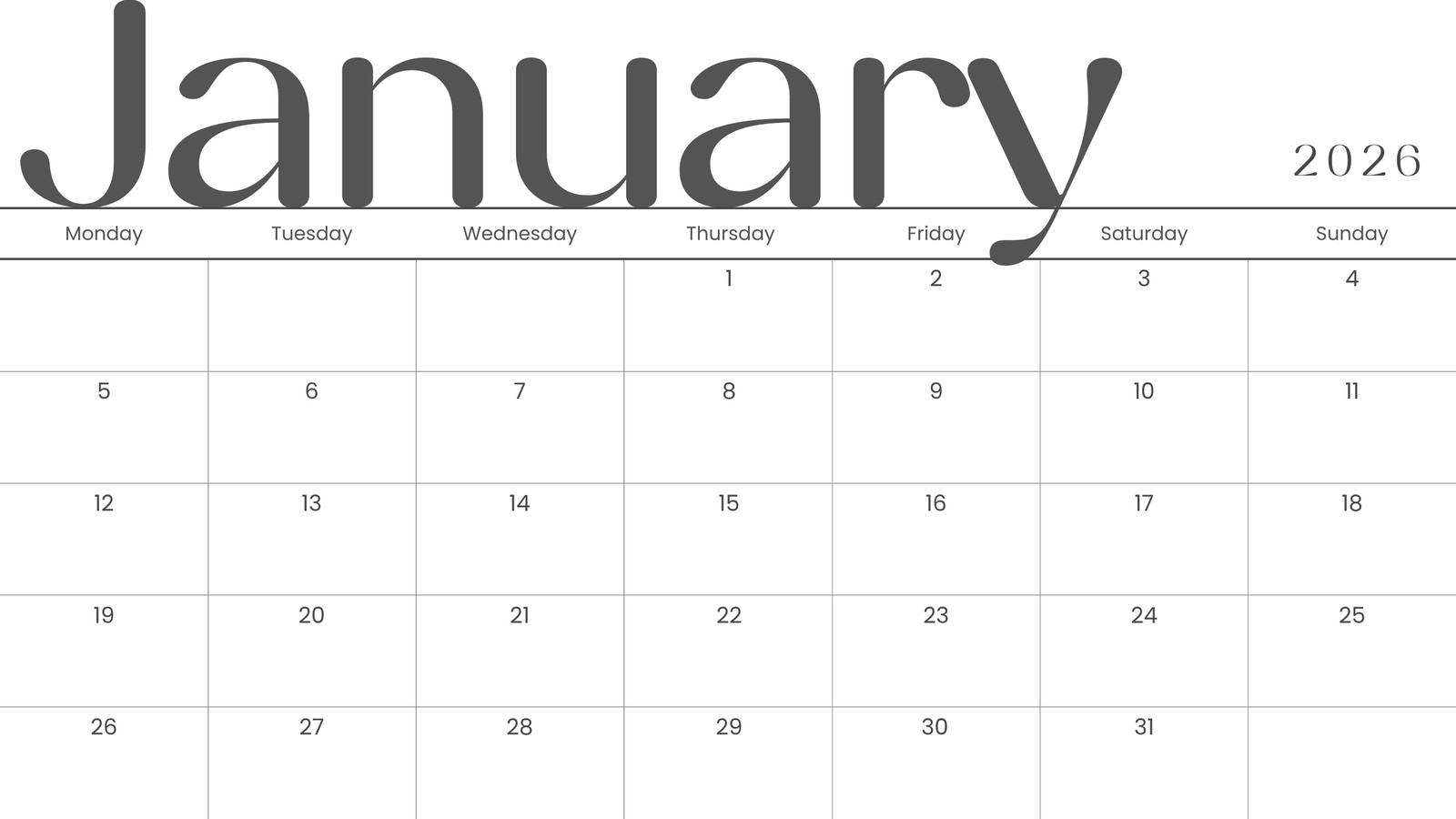 2026 Monthly Calendar Template