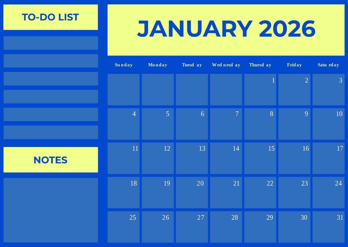 Free Blue January 2026 Countdown Calendar Template To Edit Online