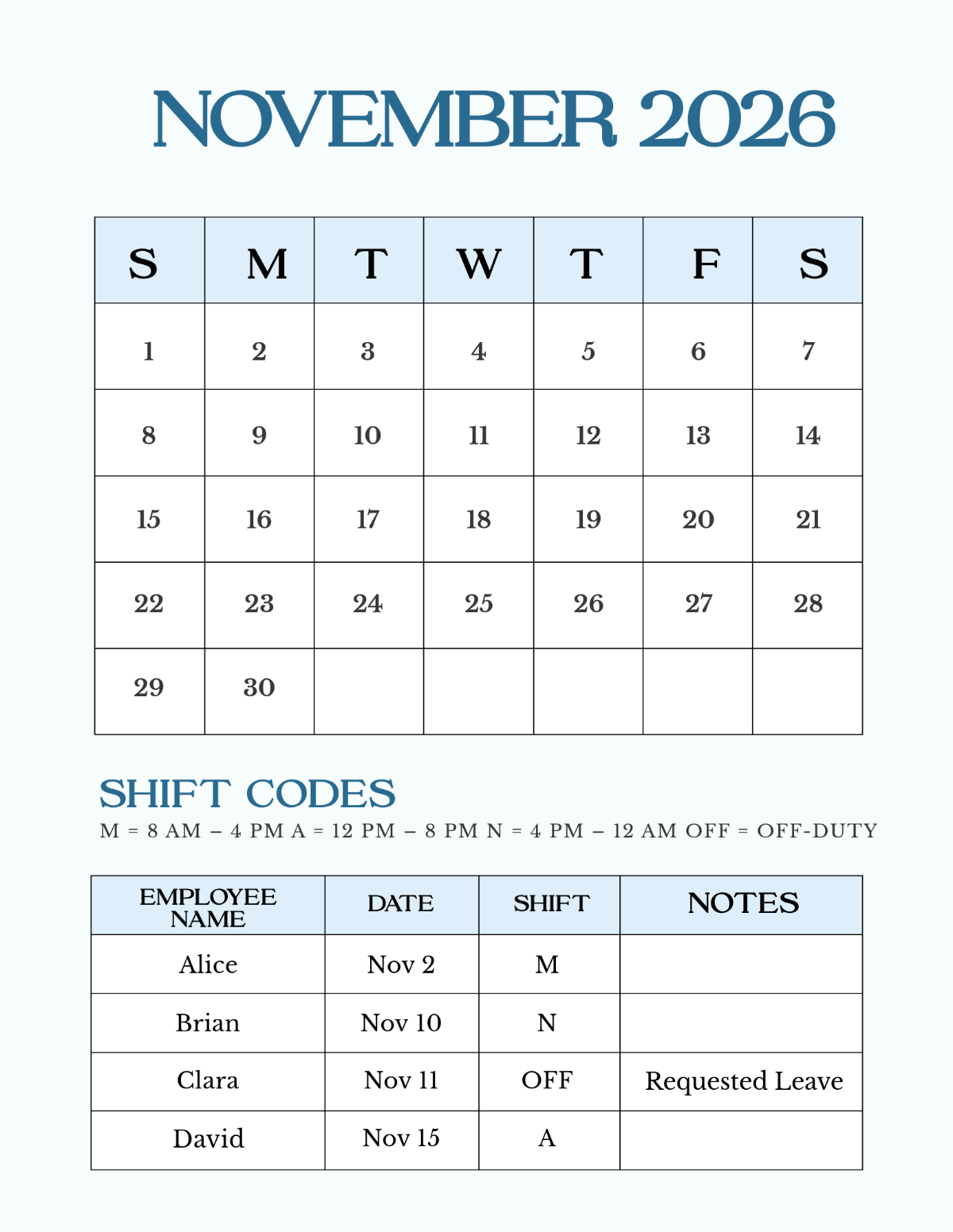 Free Employee Shift November 2026 Calendar Template To Edit Online