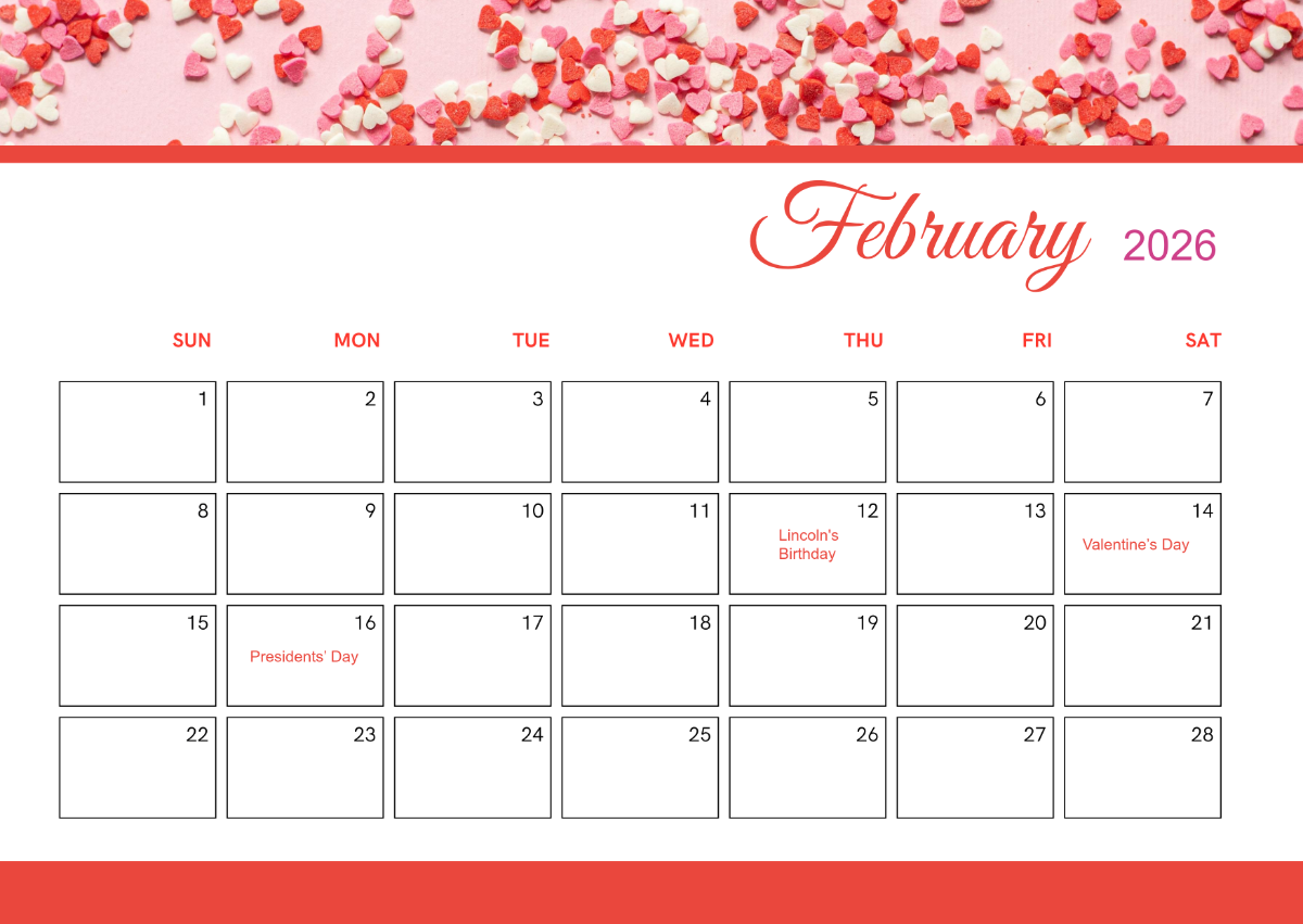 Free February 2026 Calendar With Holidays Template To Edit Online