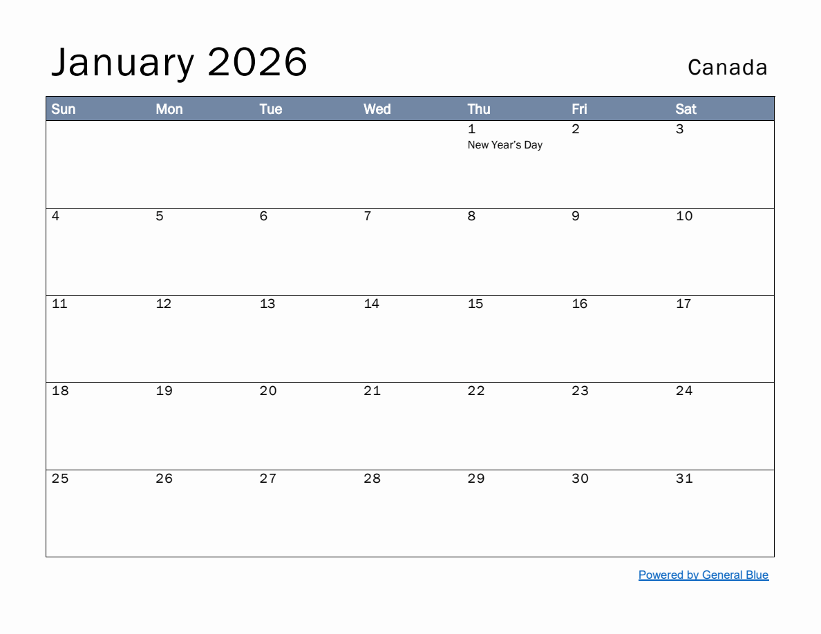 Free Printable Calendar Canada 2026
