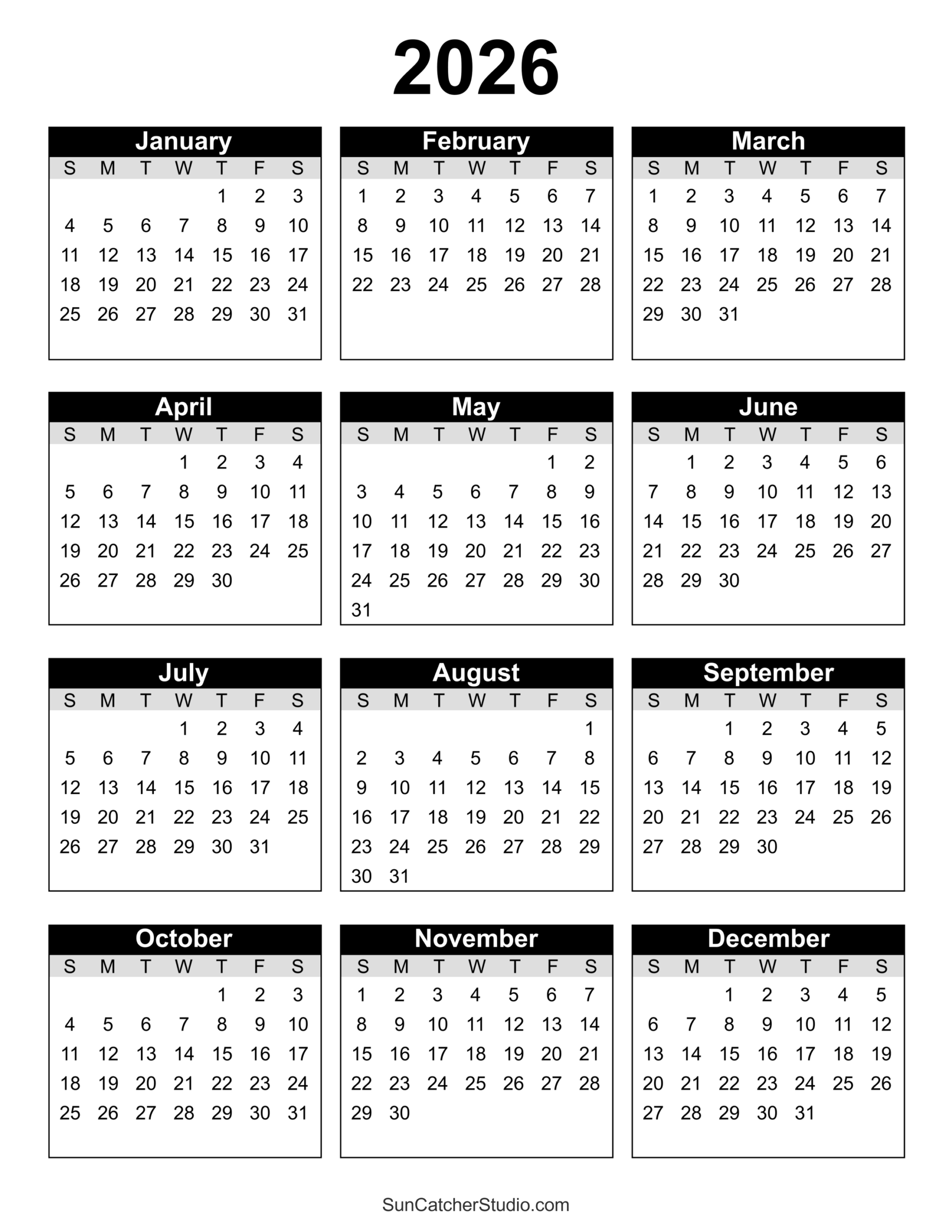 Free Printable 2026 Yearly Calendar Free Printables Lettering SVG Files Tools Apps