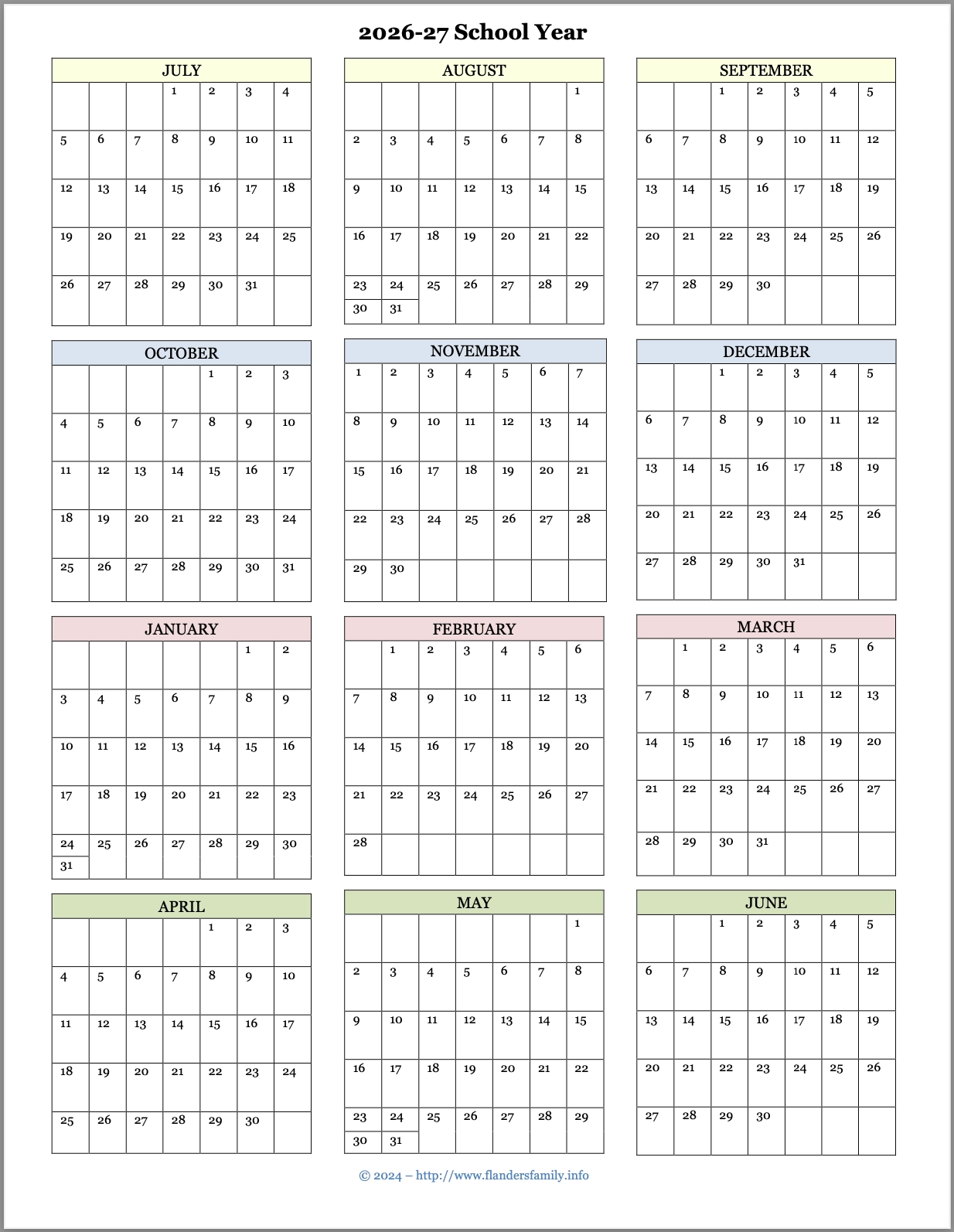 Free Printable Attendance Record Academic Calendar Flanders Family Home Life