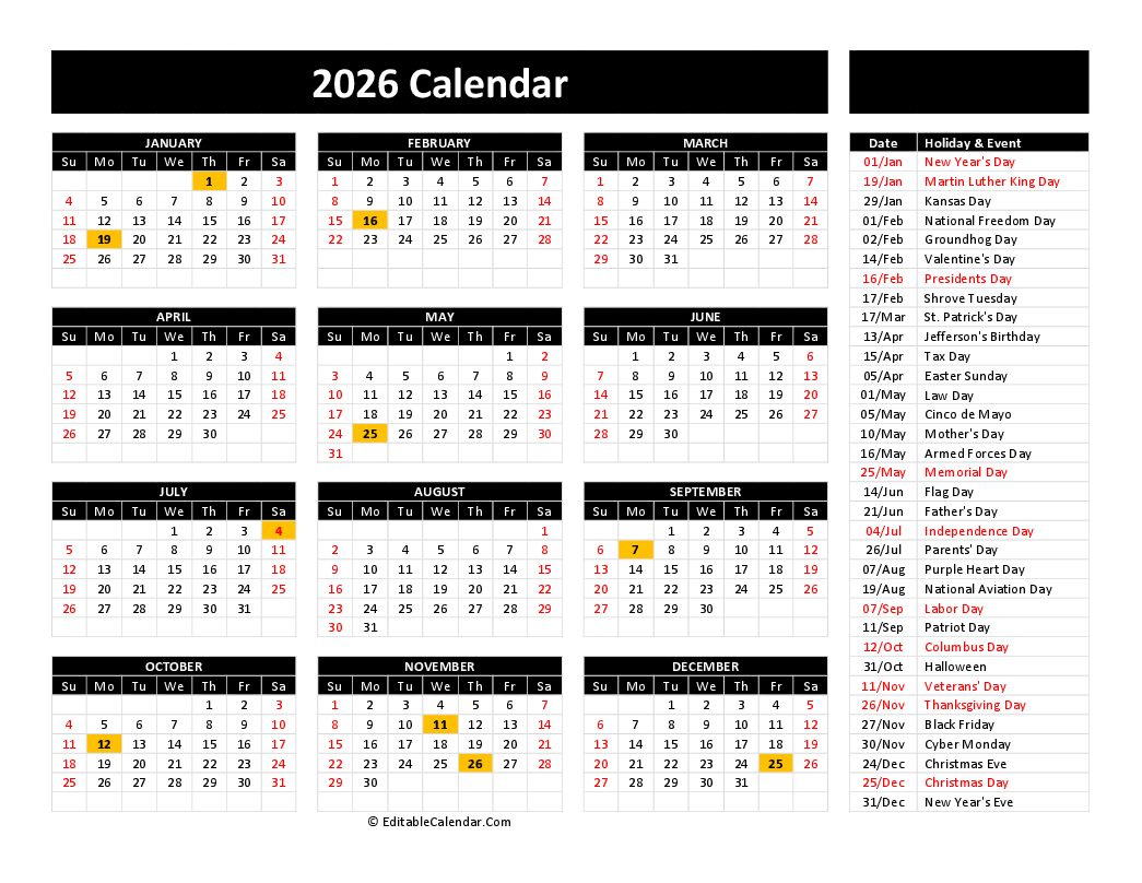 Free Calendar 2026 Printable Word