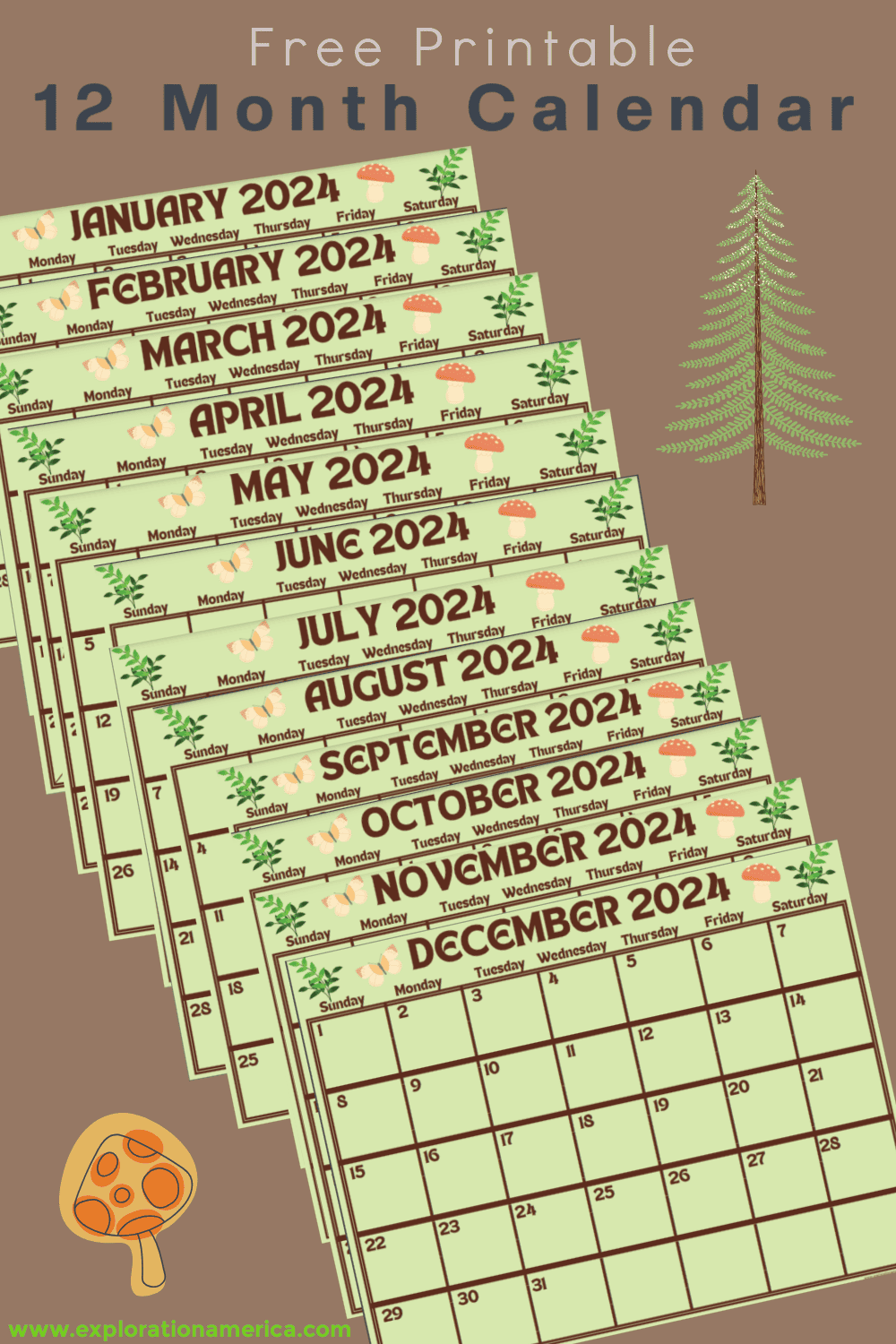 Free Printable Calendar Nature Themed 12 Month Calendar