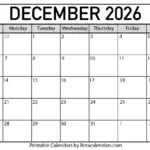 Free Printable December 2026 Calendar