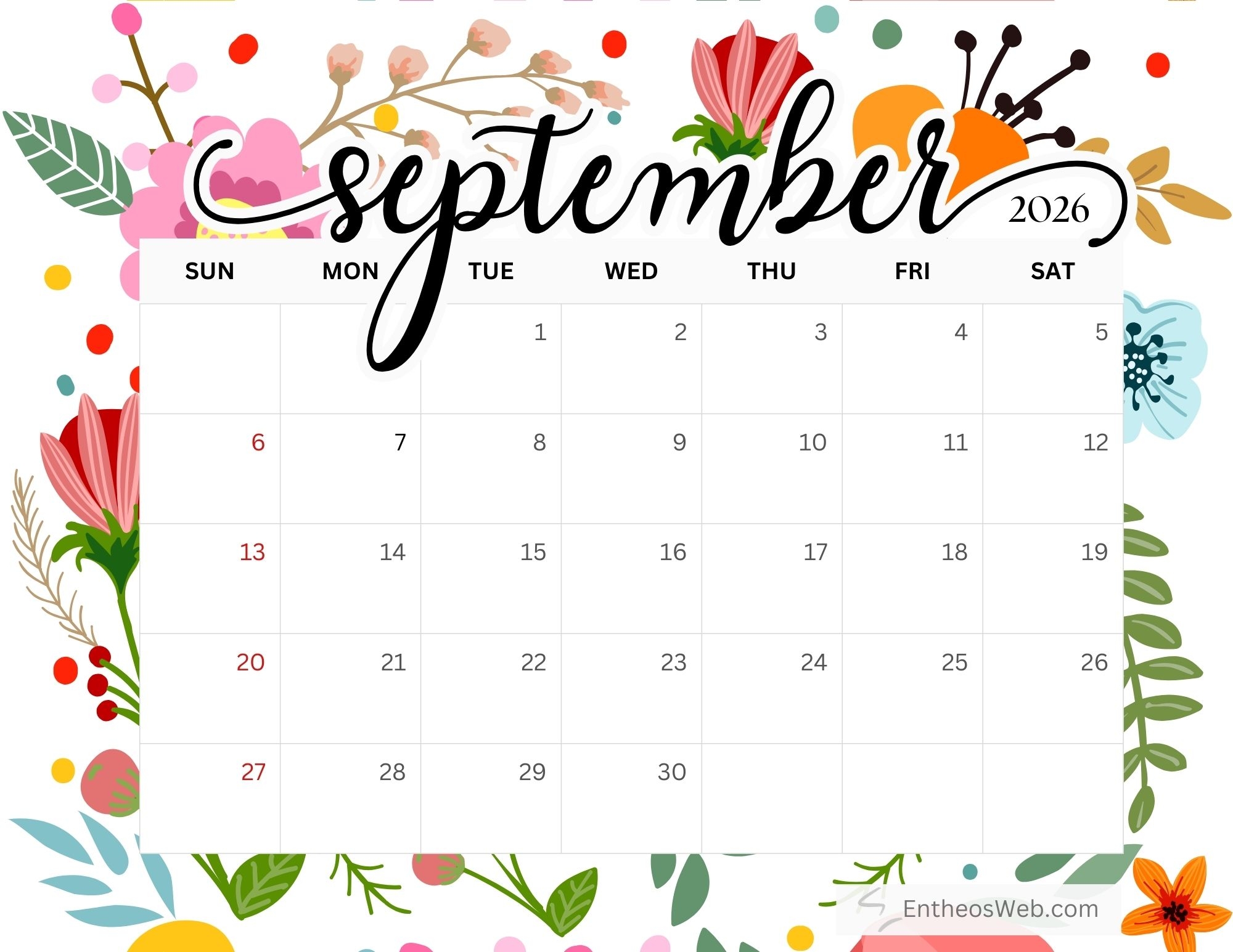 Free Printable September 2026 Calendar