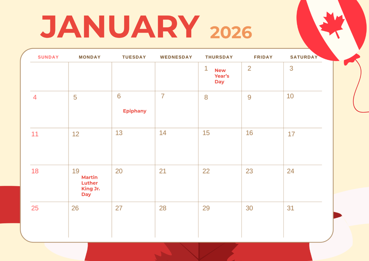 Free Simple January 2026 Canada Calendar Template To Edit Online