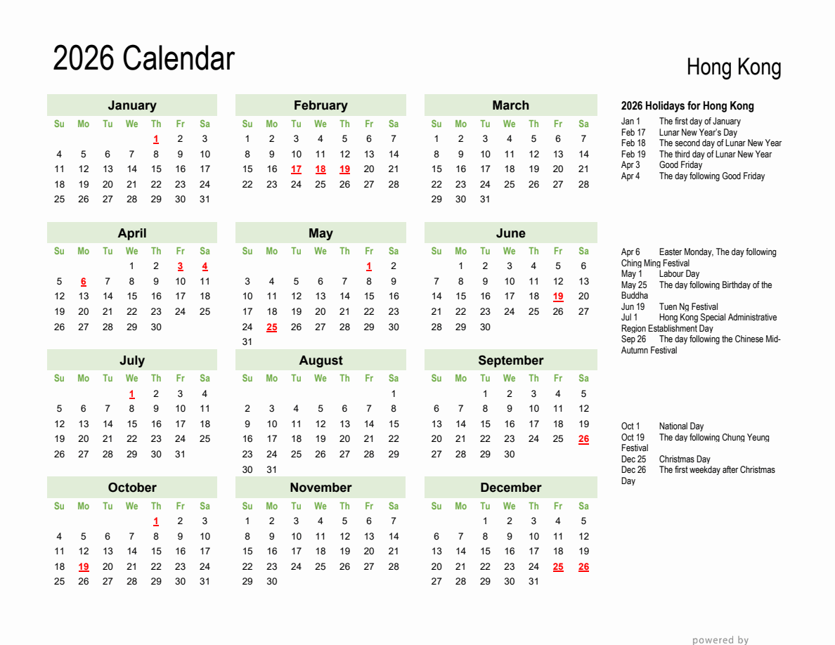 2026 Calendar Hong Kong Printable