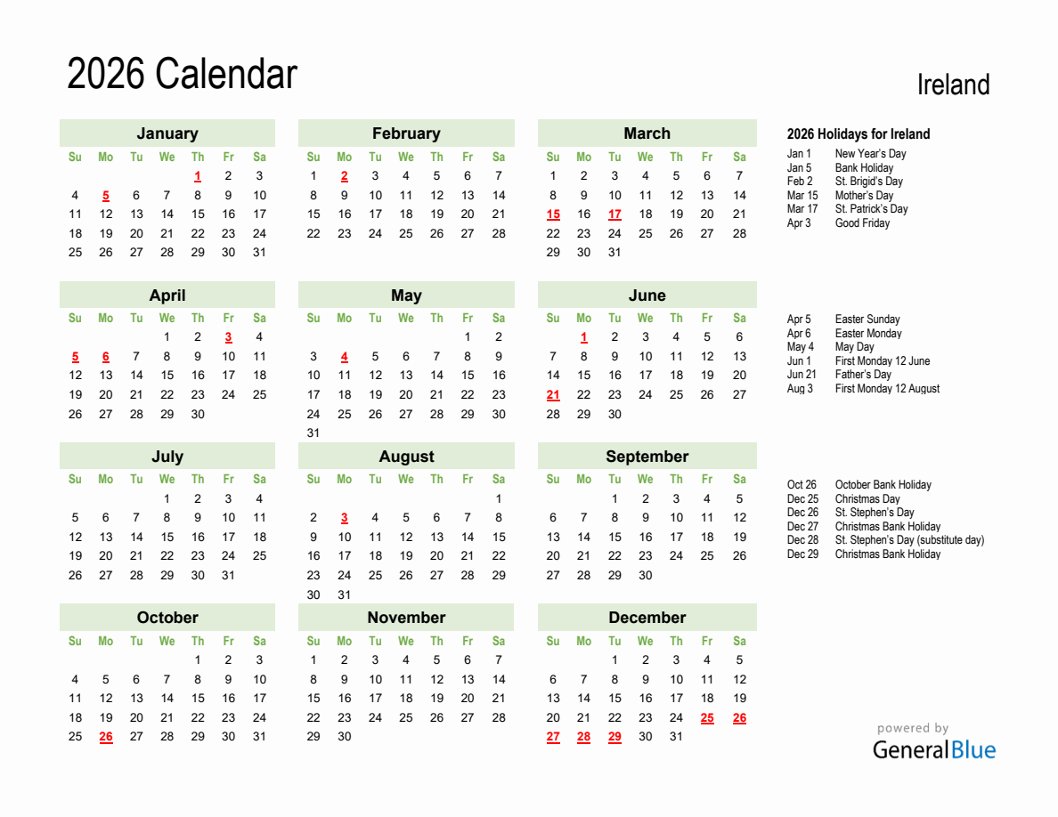 Holiday Calendar 2026 For Ireland