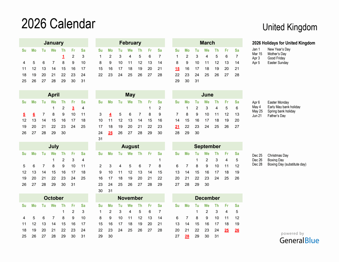 2026 Uk Calendar Printable