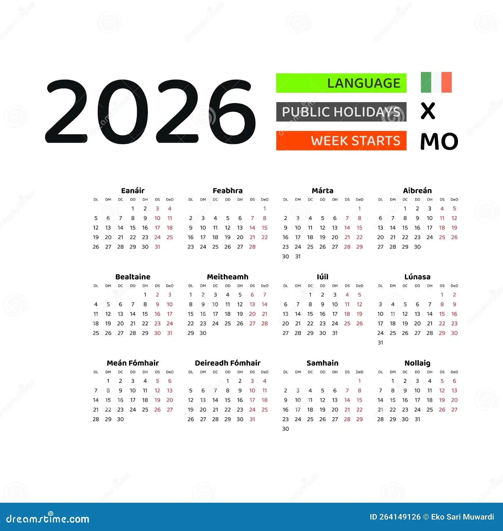 Ireland Calendar 2026 Week Starts From Monday Vector Graphic Design Stock Vector Illustration Of April Sunday 264149126