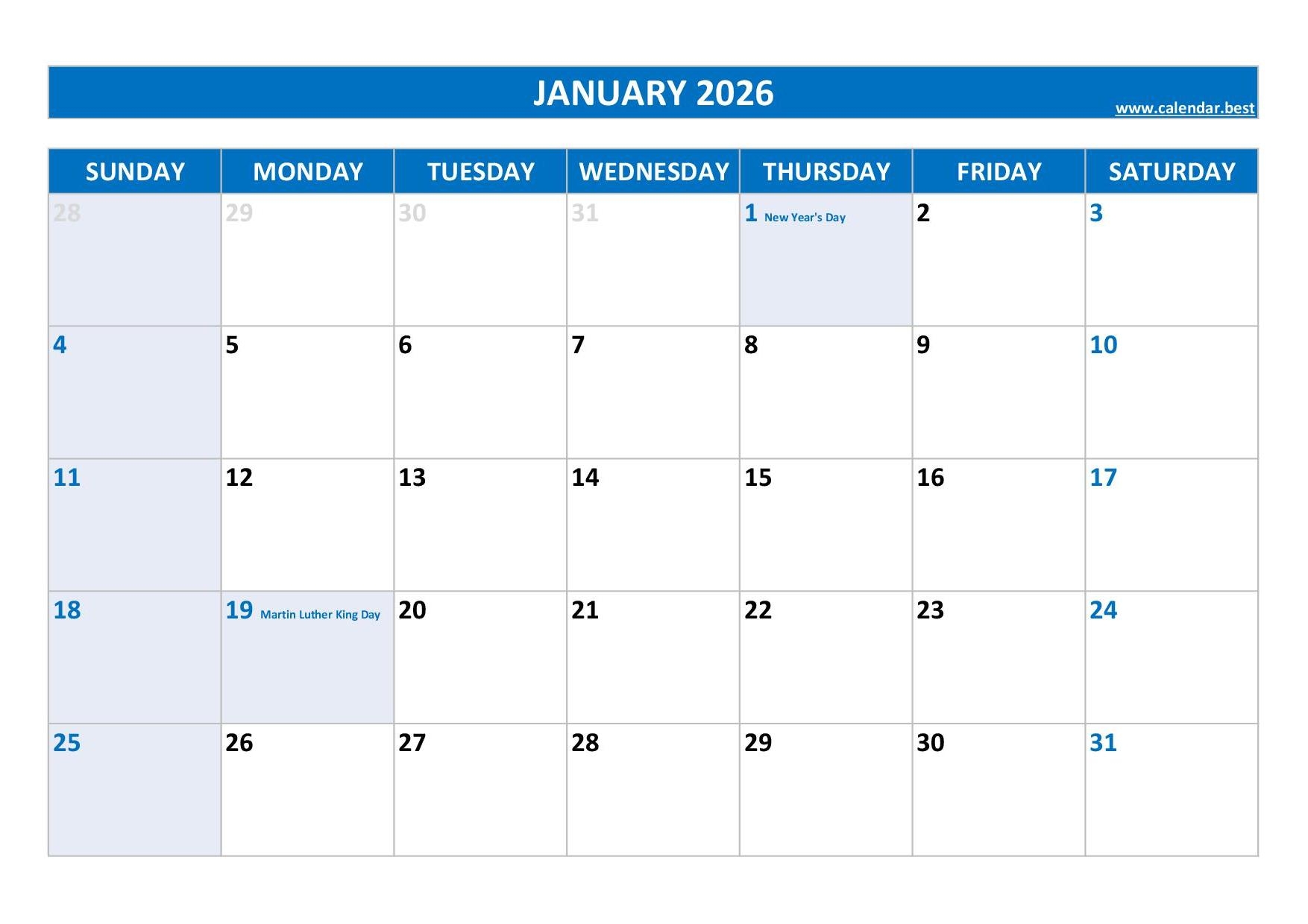 2026 Monthly Calendar With Holidays Printable Free 2026 Monthly Calendar With Holidays Printable Free
