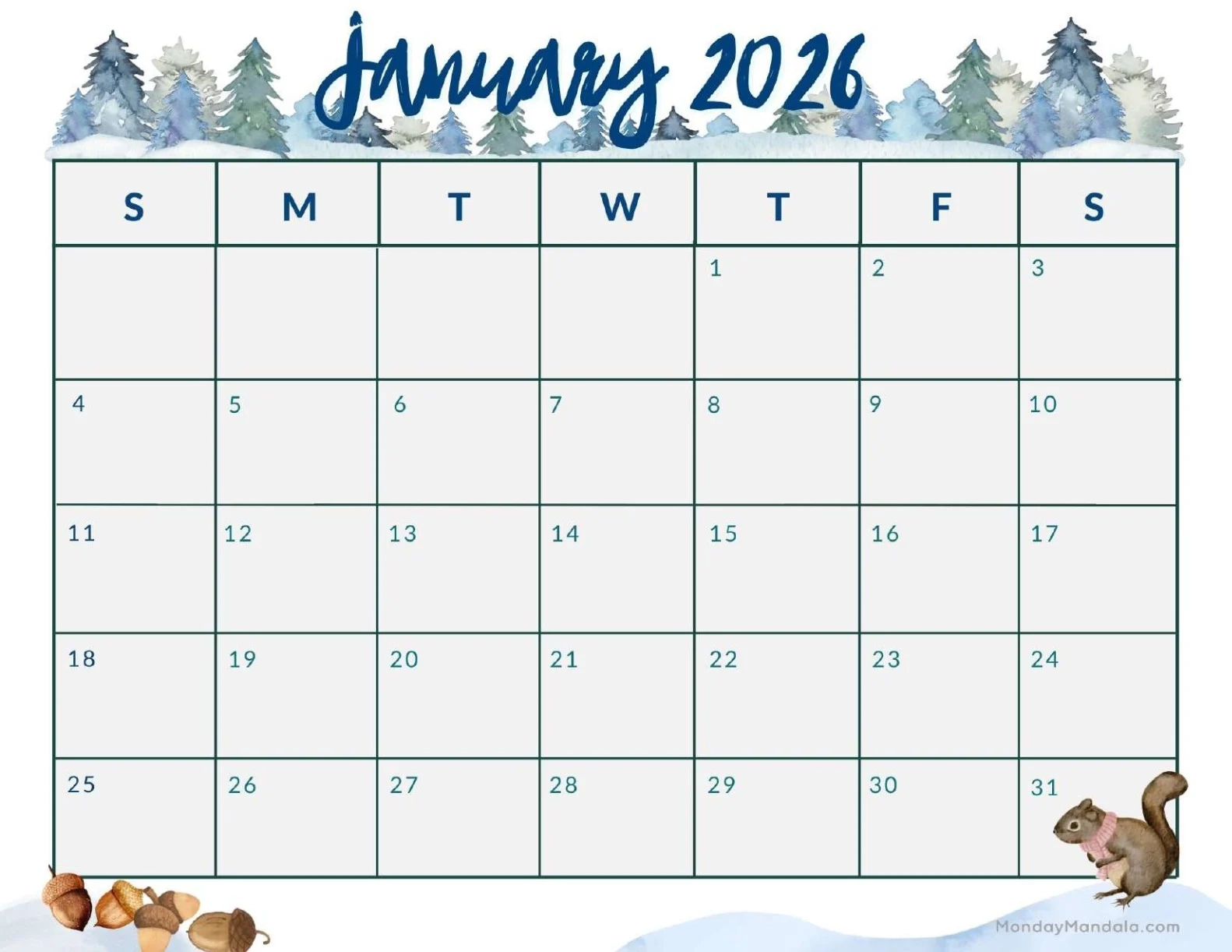 Printable Jan 2026 Calendar