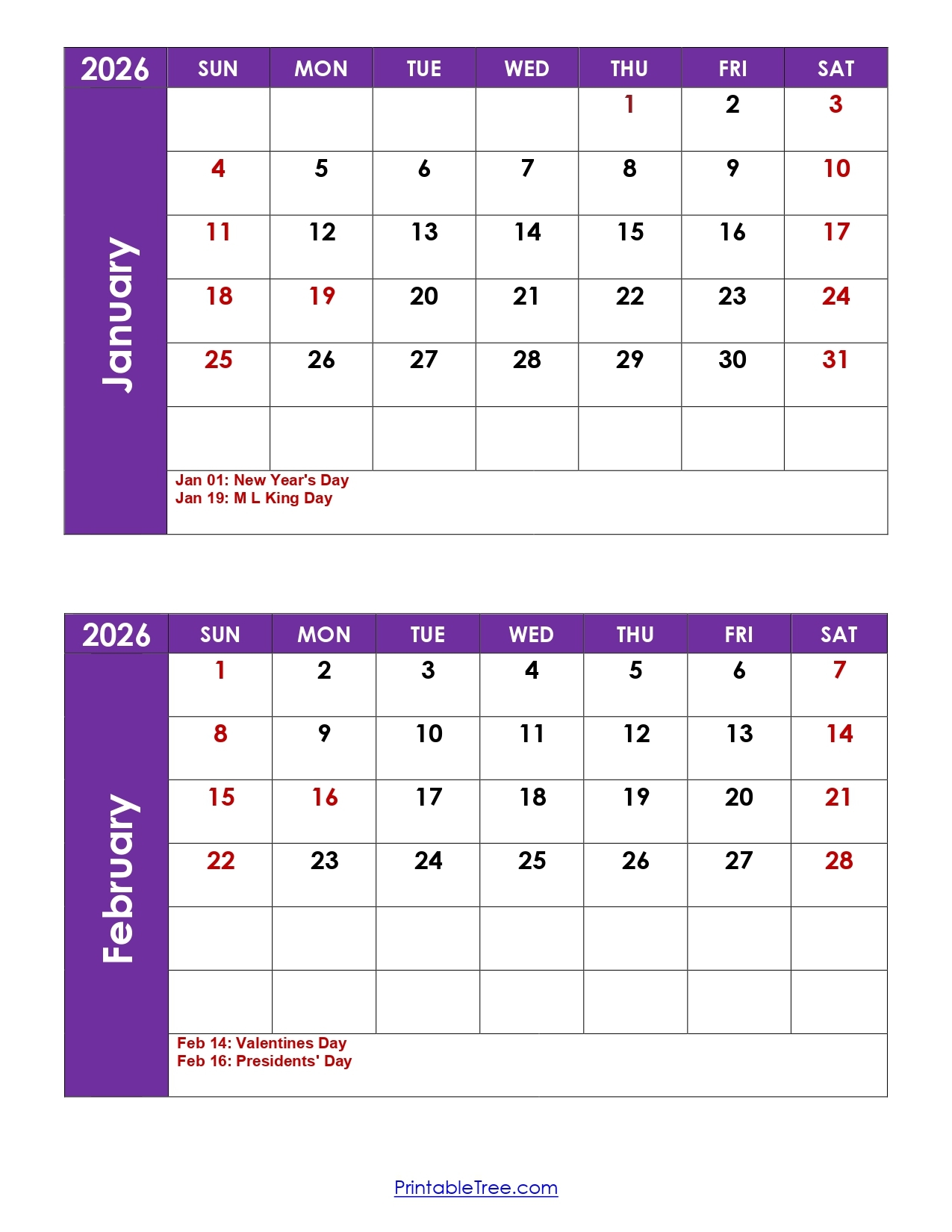 2 Month Calendar Printable 2026