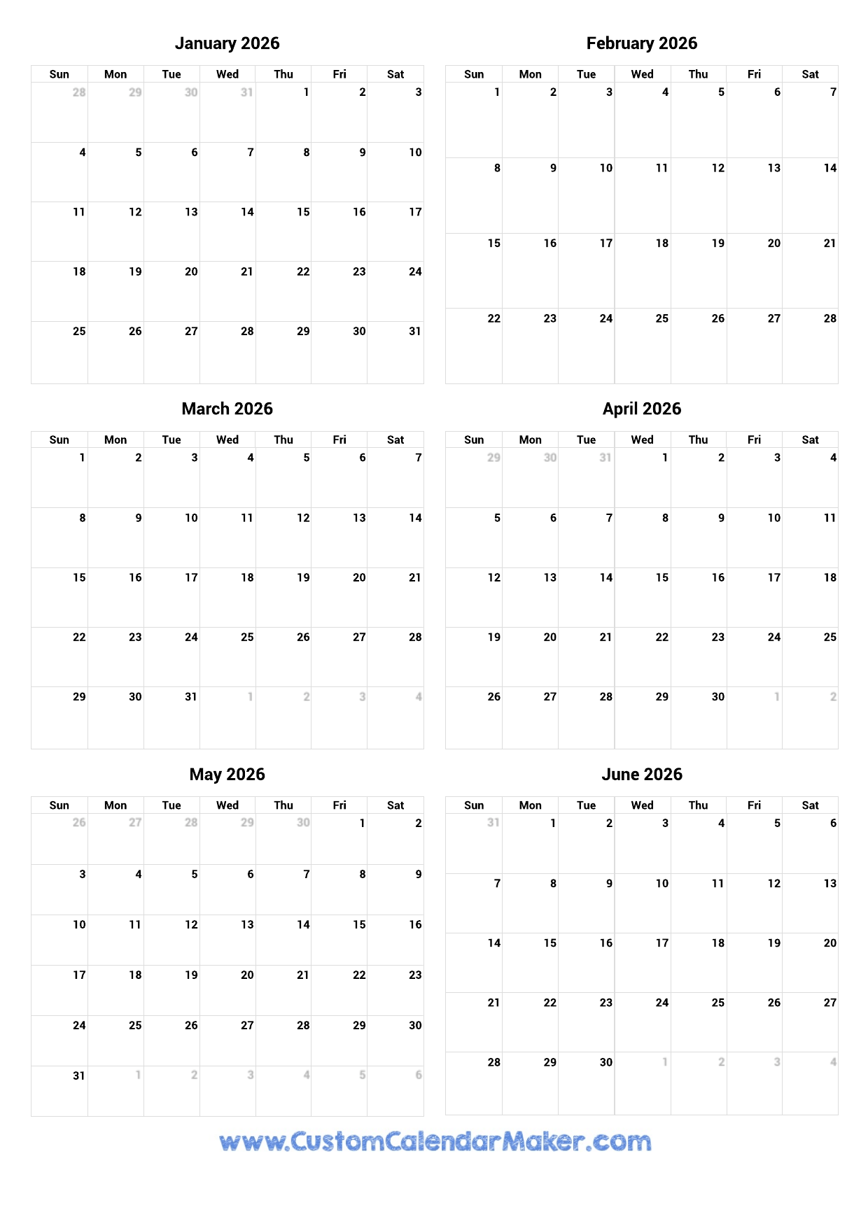 2026 Half Year Calendar Printable