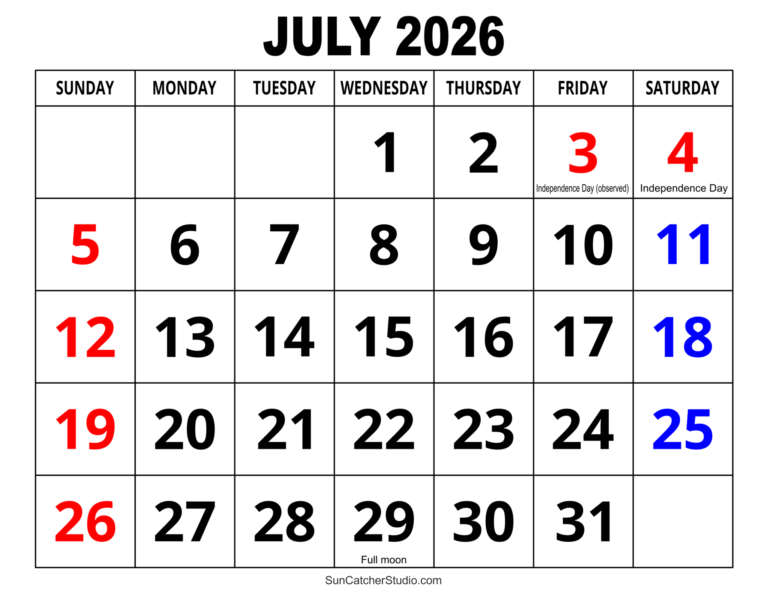 July 2026 Calendar Free Printable Free Printables Lettering SVG Files Tools Apps