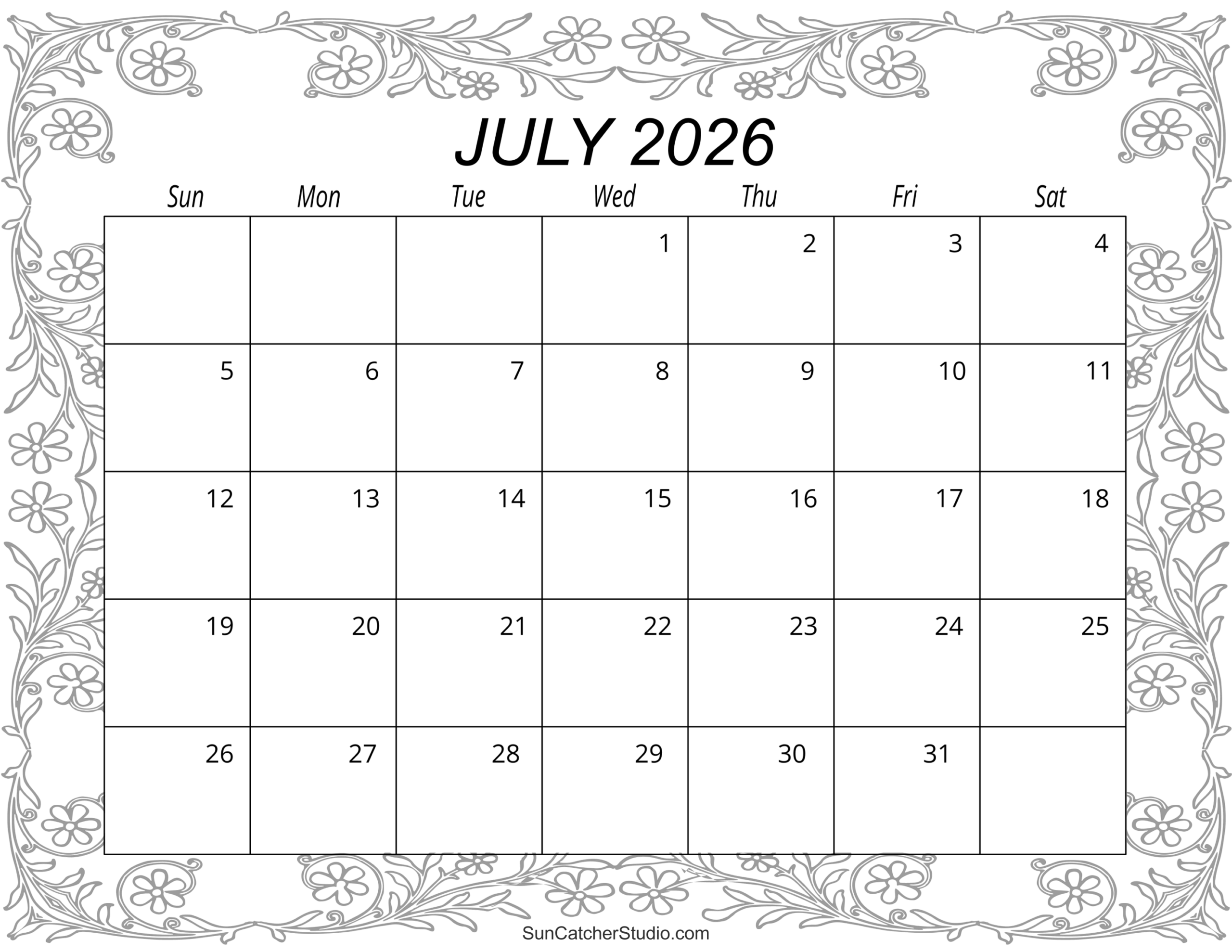 July 2026 Calendar Free Printable Free Printables Lettering SVG Files Tools Apps