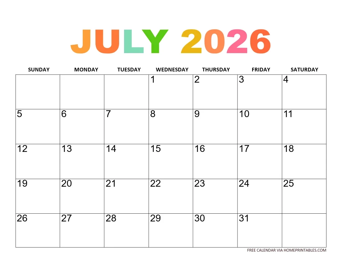 Printable July 2026 Calendar Printable July 2026 Calendar