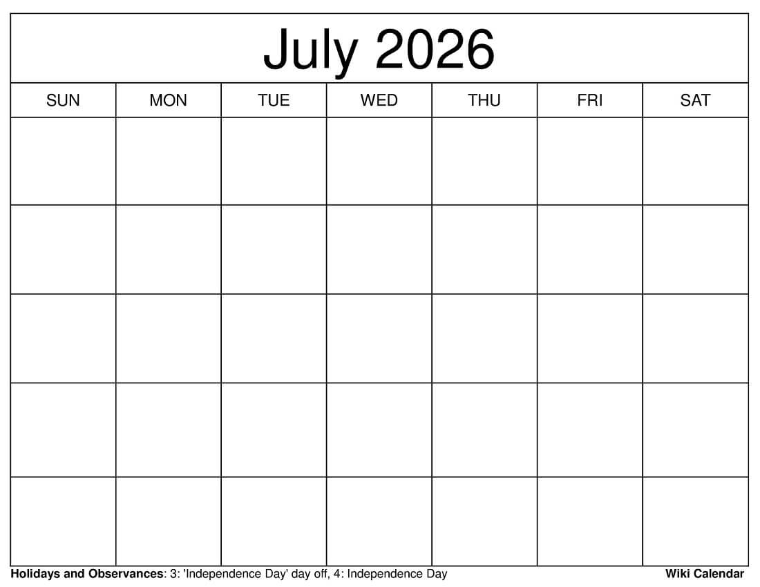 July 2026 Calendar Printable
