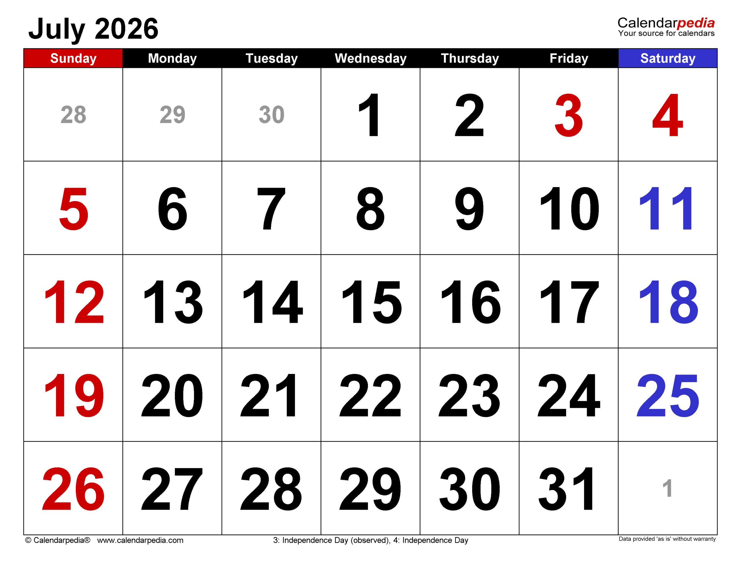July Calendar 2026 Printable