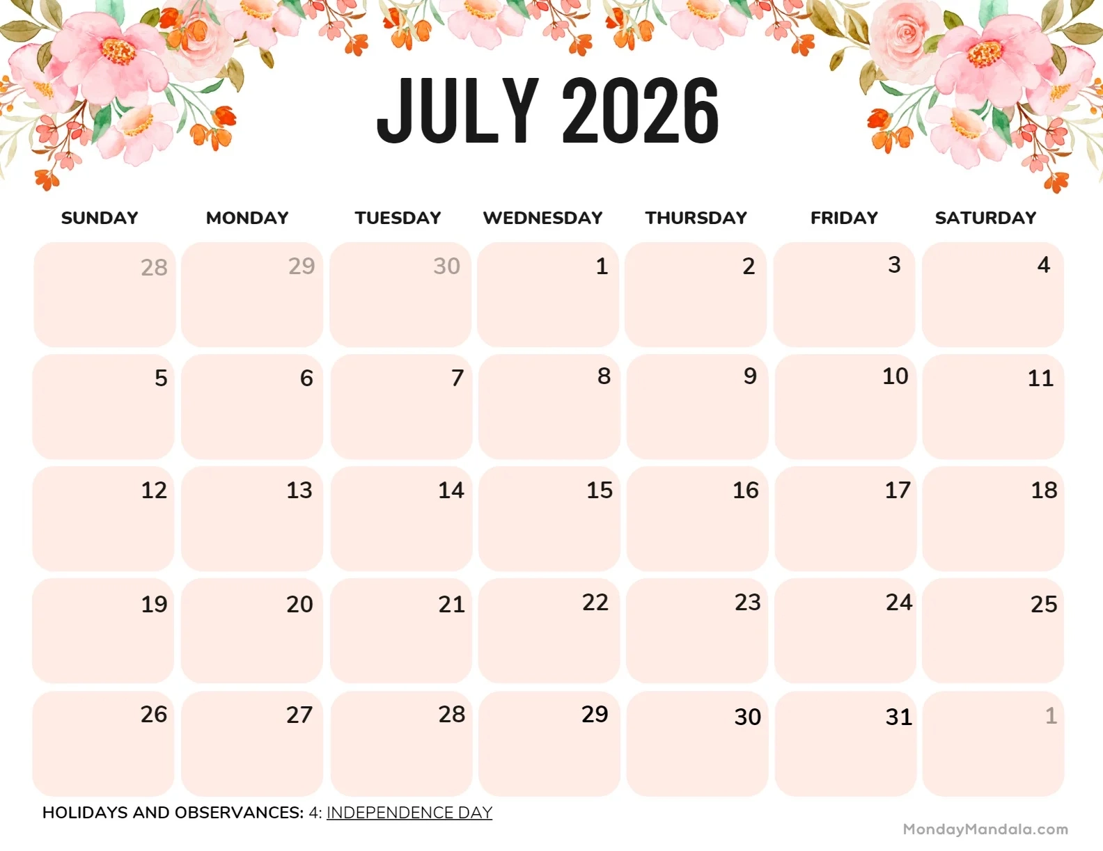 July 2026 Calendar With Holidays Printable