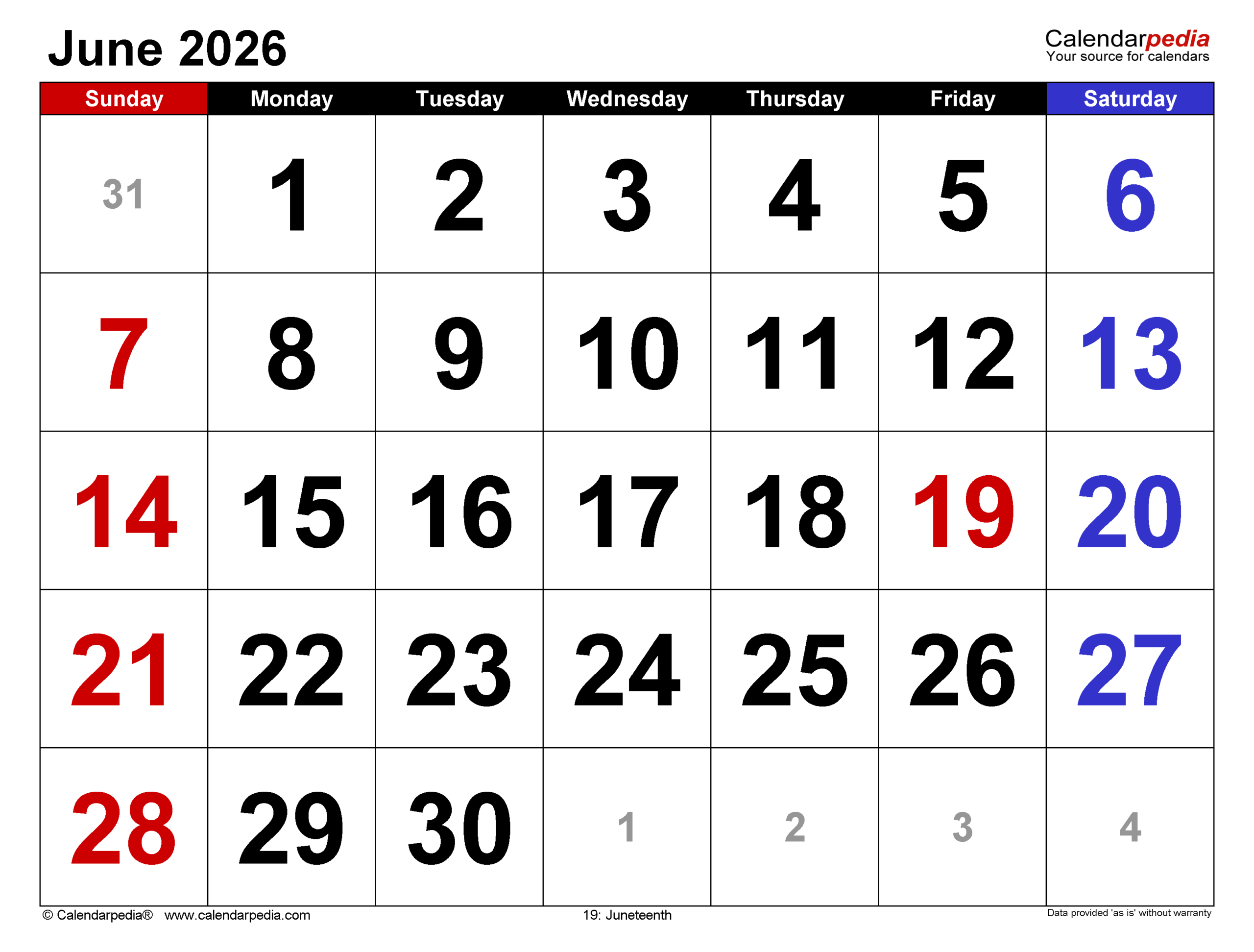 June Calendar 2026 Printable