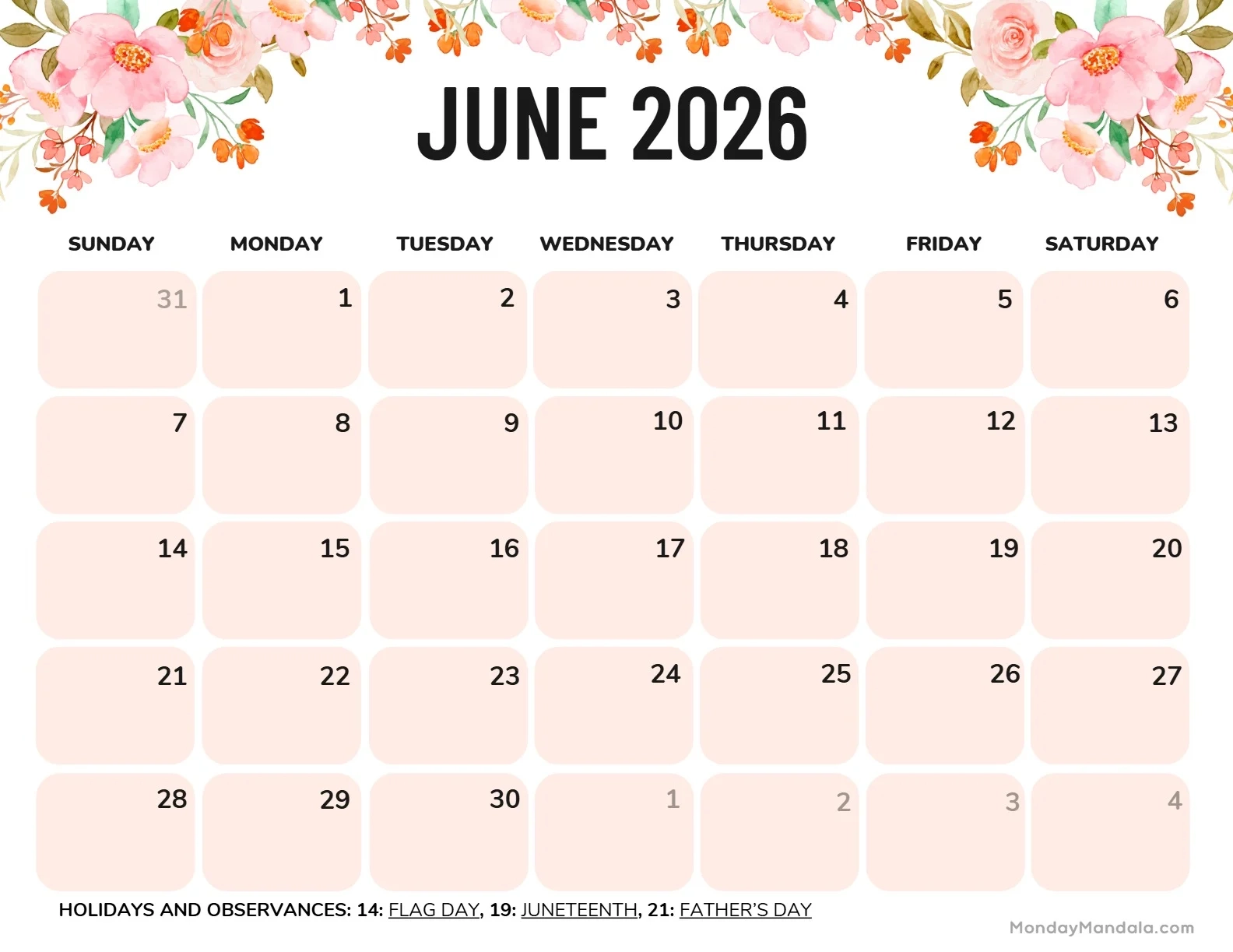 June 2026 Calendar With Holidays Printable