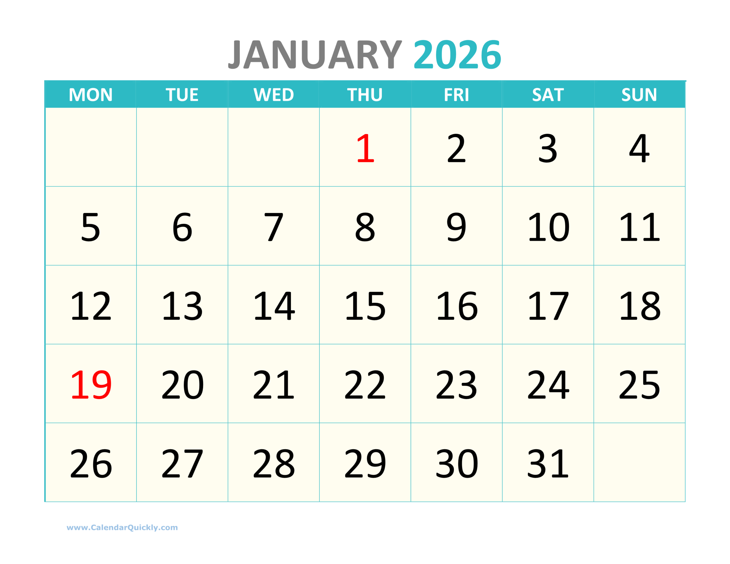 Free Printable Calendar Monday Start 2026