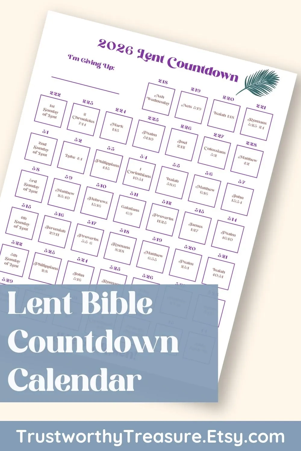 Lent Tracker 2026 Lent Bible Study Guide 40 Day Lenten Calendar Adult Lent Planner Lent Sacrifice Tracker Easter Printable Holy Week Etsy