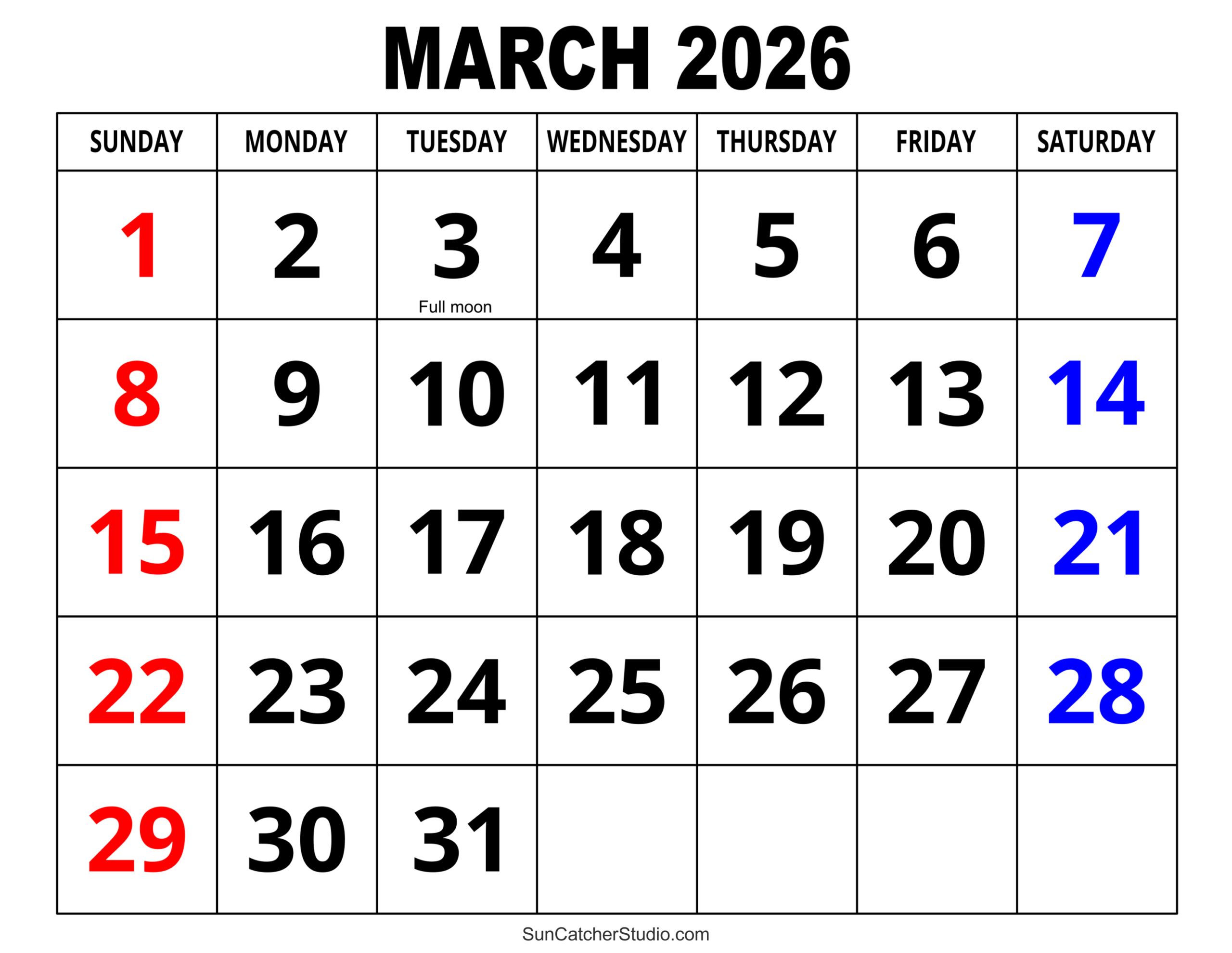 Printable March 2026 Calendar Printable March 2026 Calendar