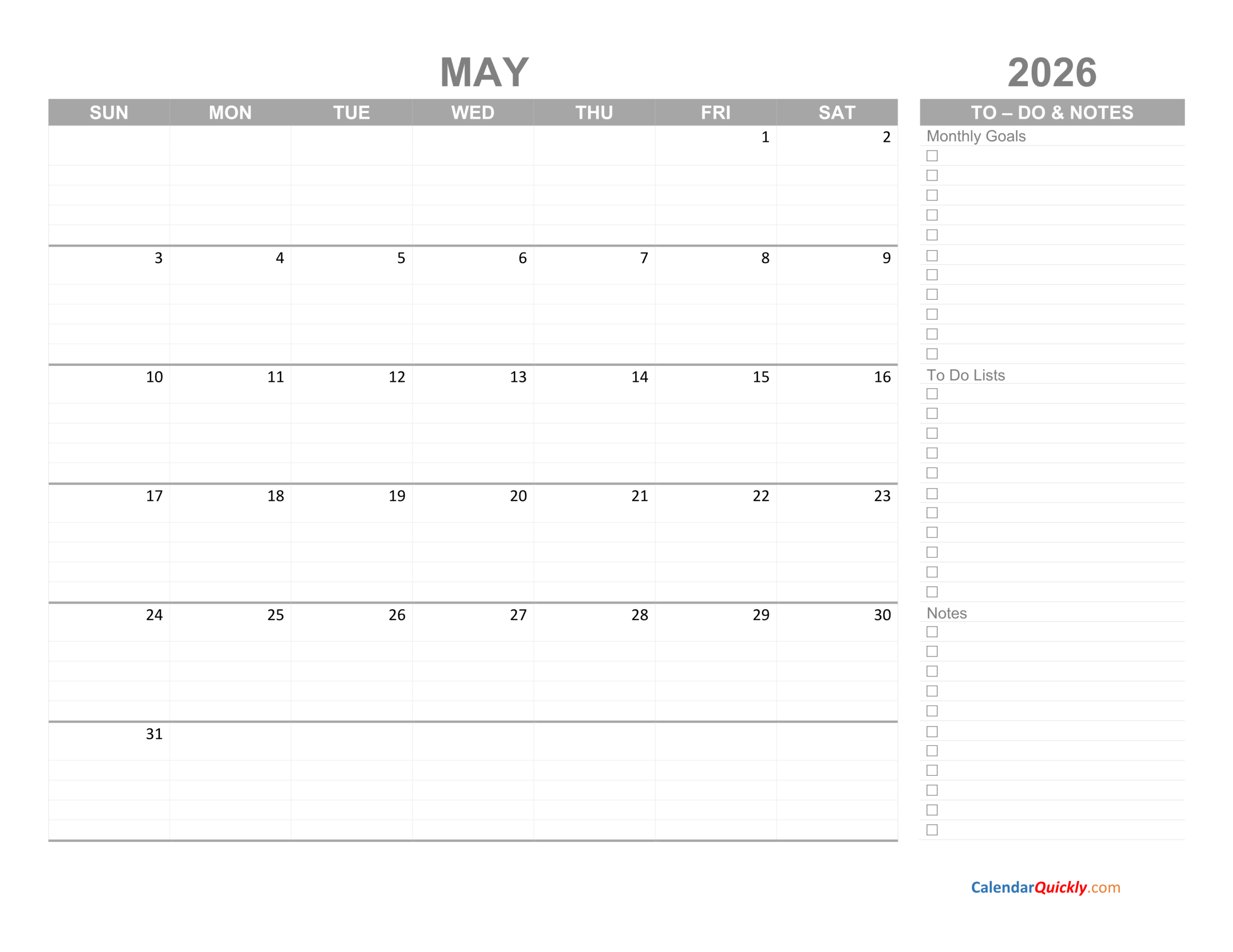 May 2026 Calendar With To Do List Calendar Quickly