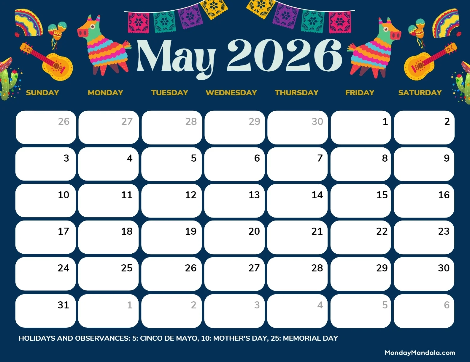Printable Calendar For May 2026