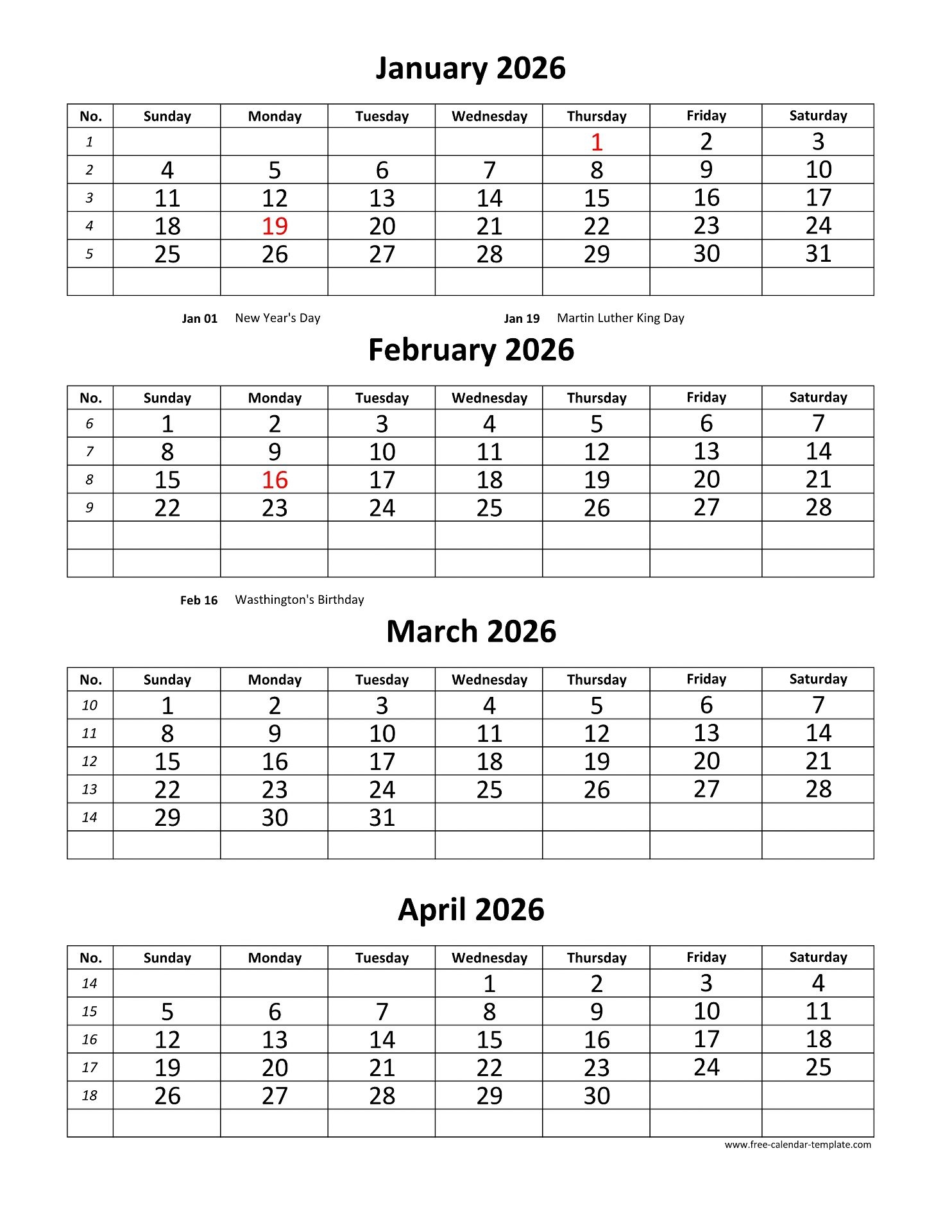 2026 4 Month Calendar Printable