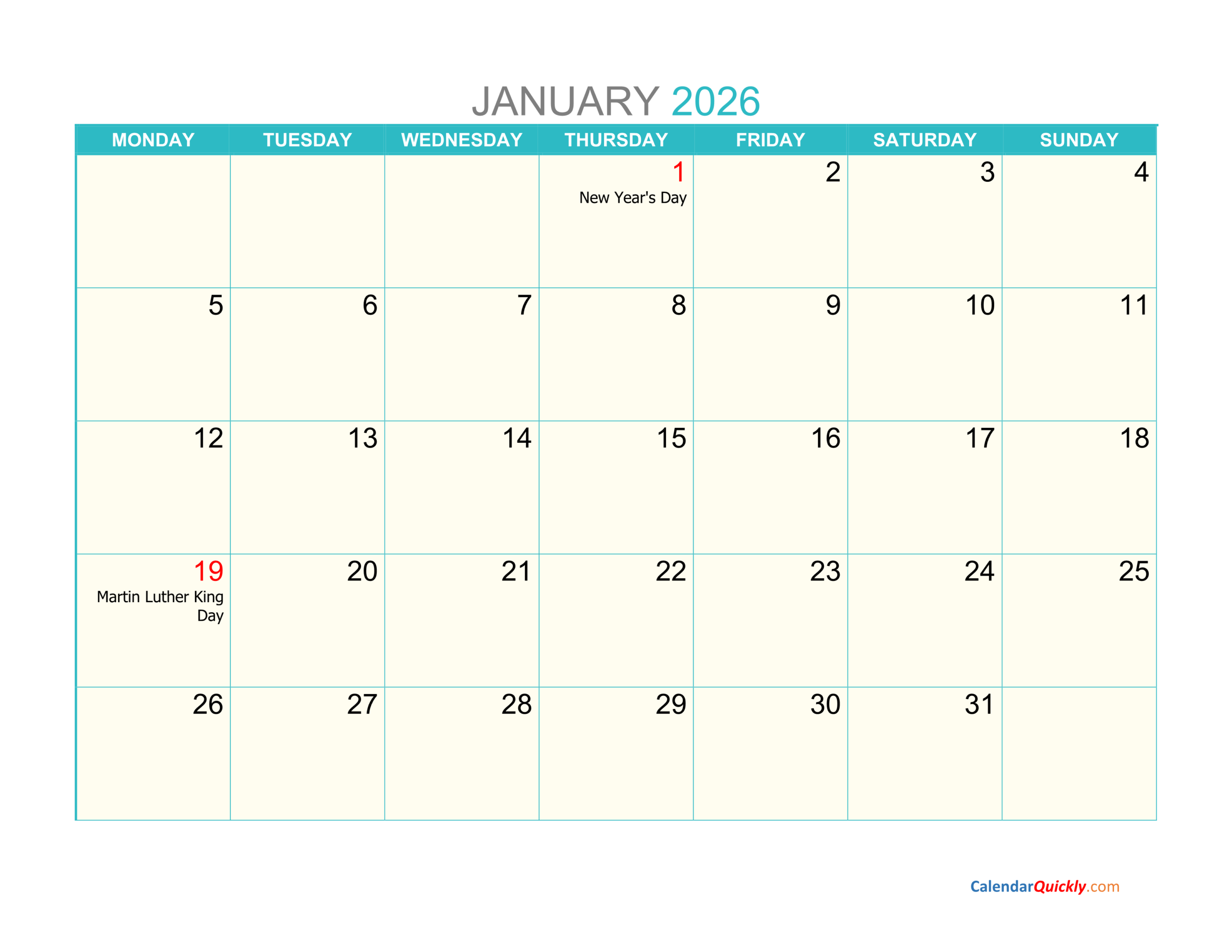 2026 Calendar Printable Monday Start