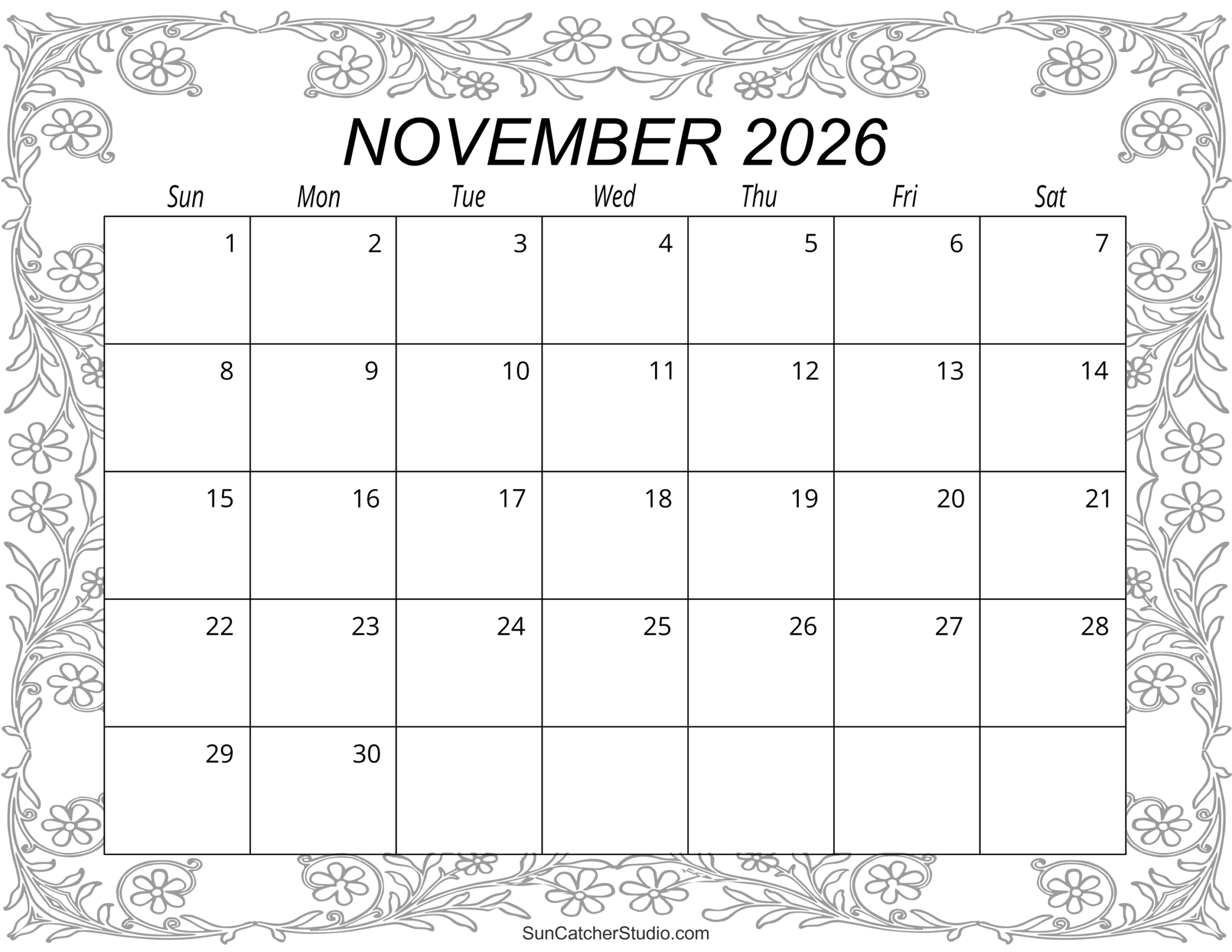 November 2026 Calendar Free Printable Free Printables Lettering SVG Files Tools Apps