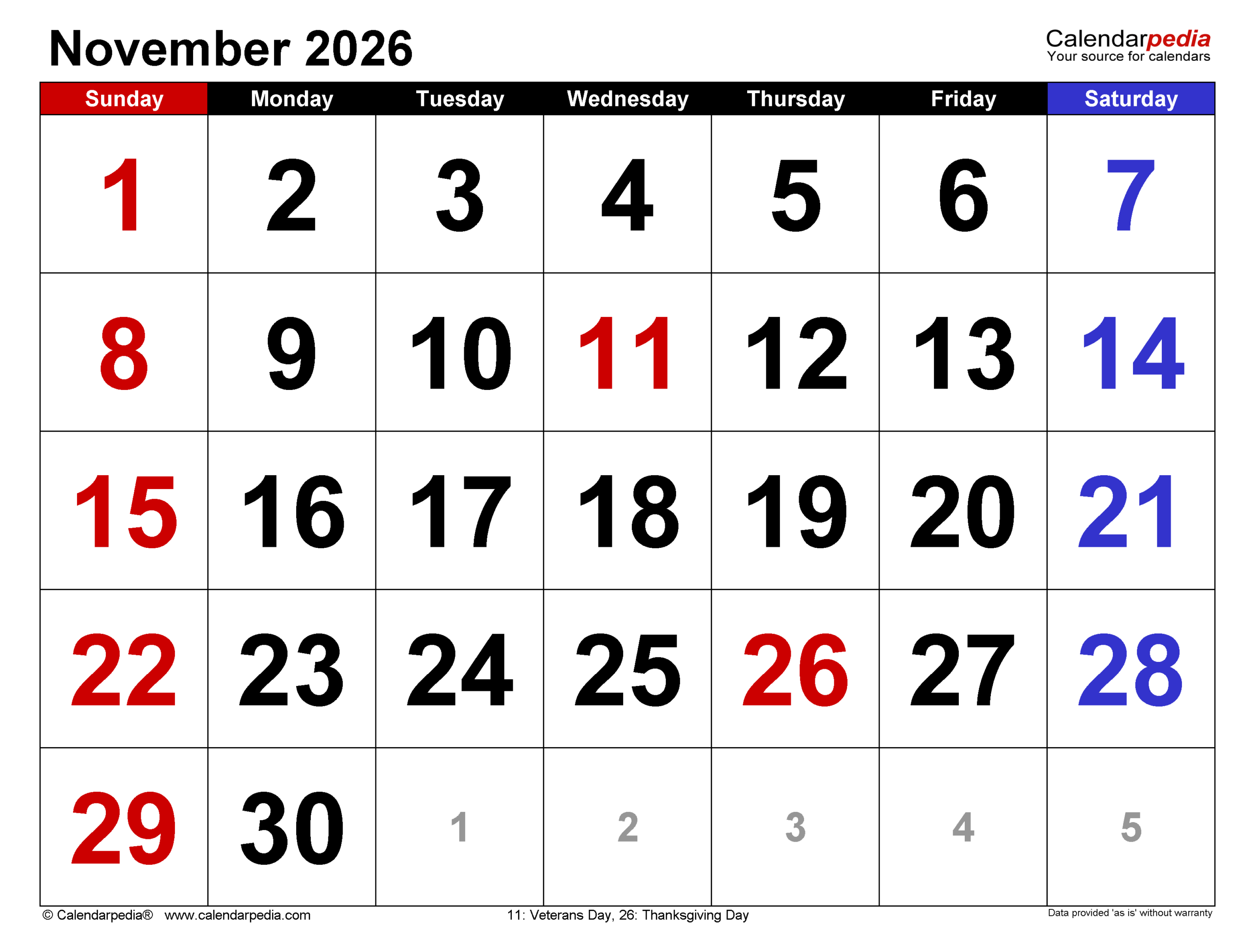 November 2026 Printable Calendar