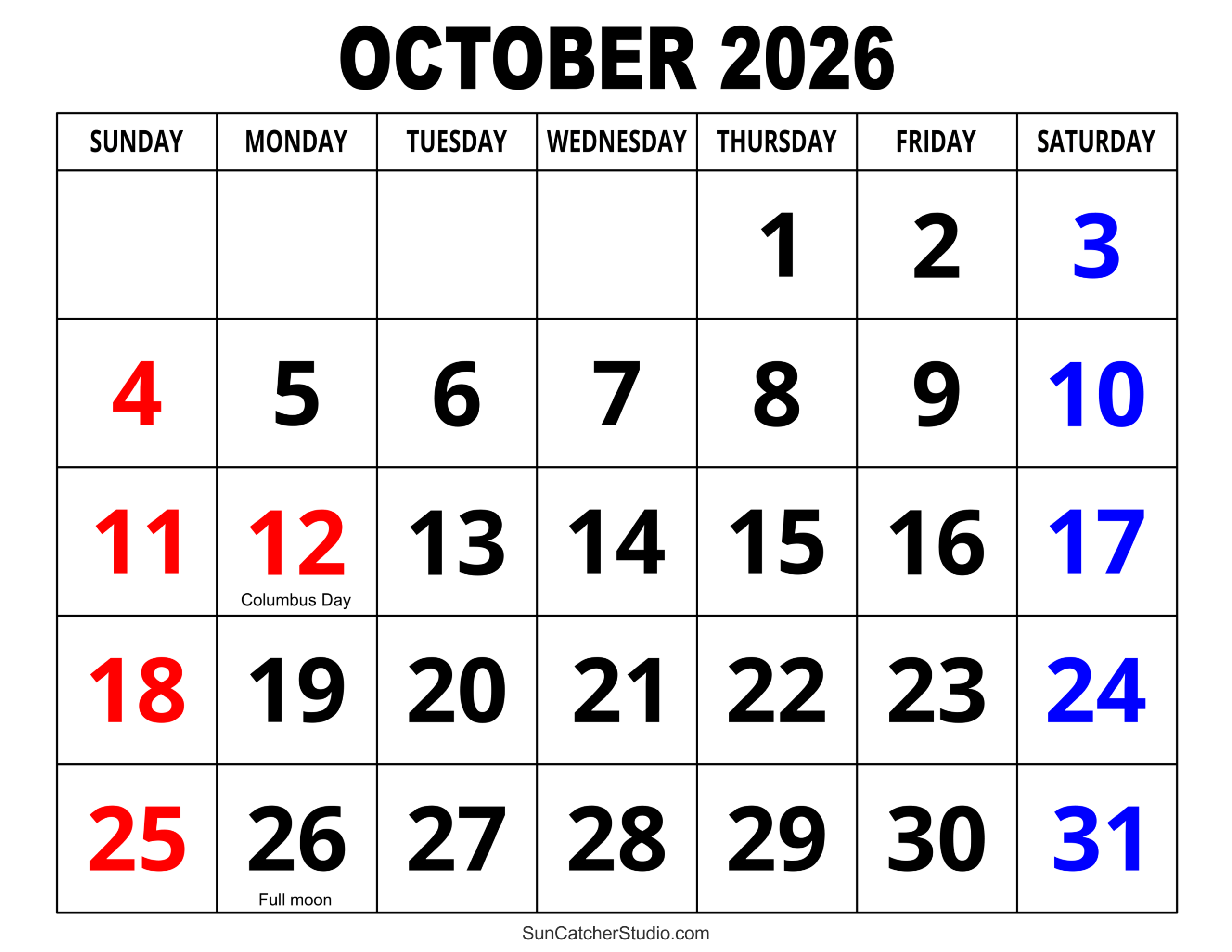 October 2026 Calendar Free Printable Free Printables Lettering SVG Files Tools Apps