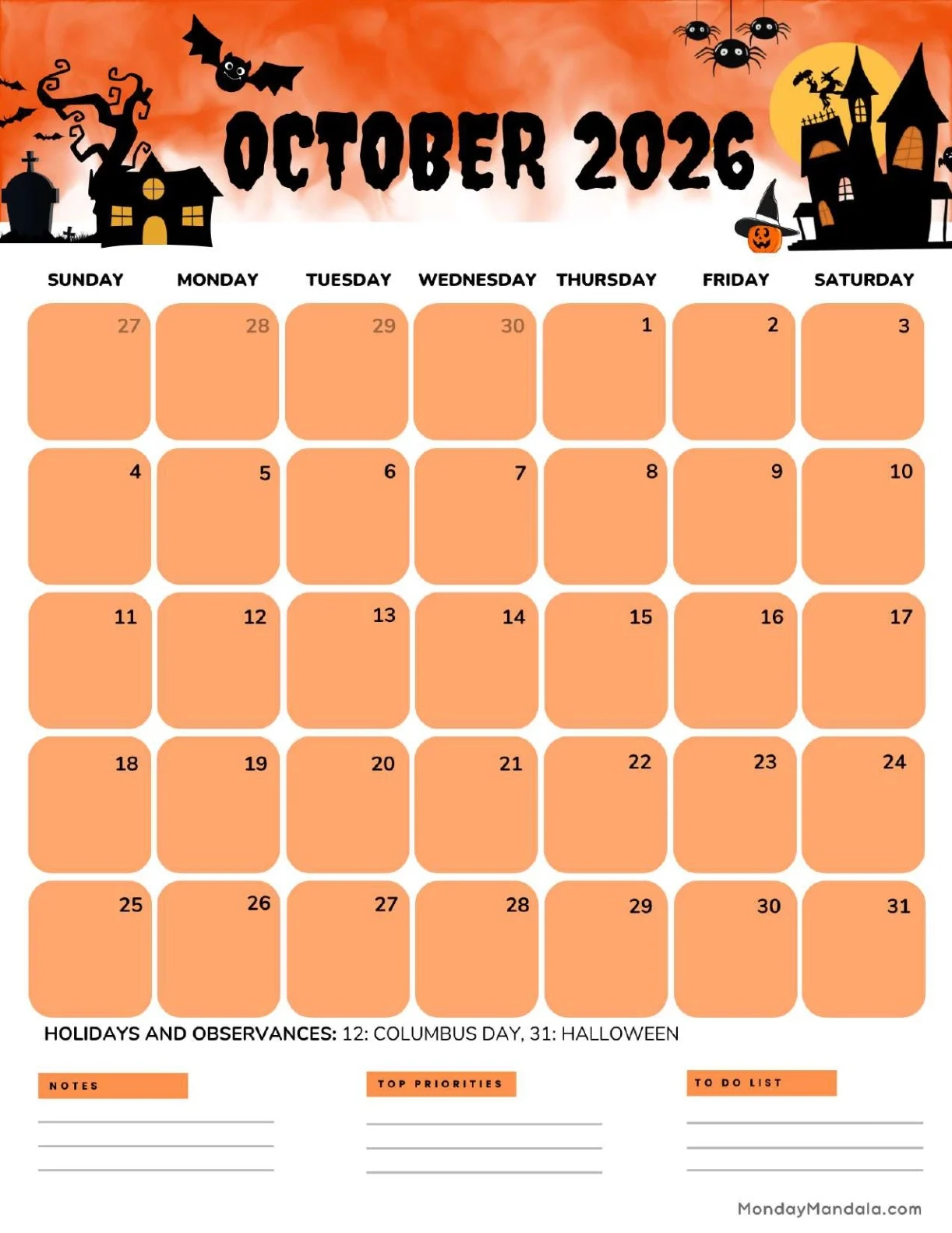 Printable October 2026 Calendar