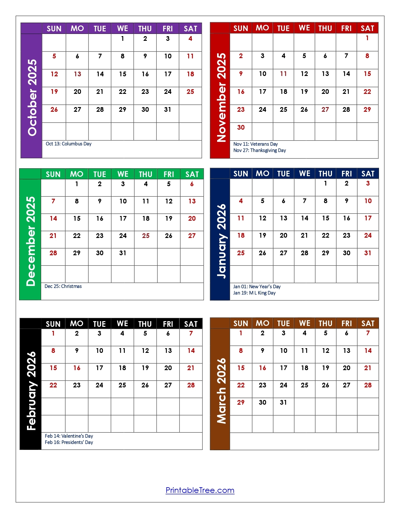 2026 6 Month Calendar Printable