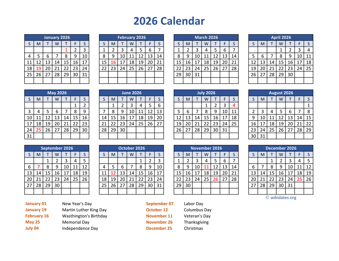 Free Printable Calendar 2026 With Holidays