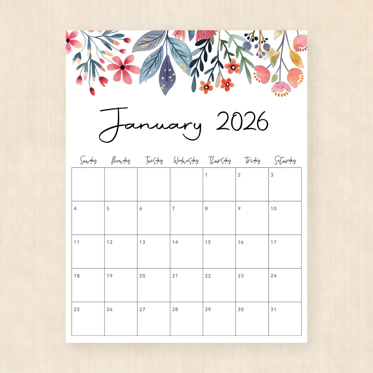 2026 Floral Printable Calendar 2026 Floral Printable Calendar