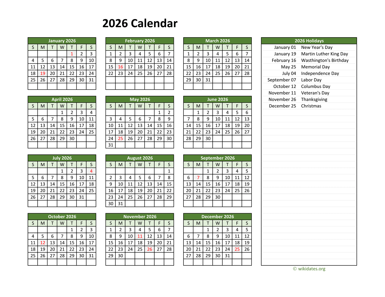 2026 Federal Holiday Calendar Printable