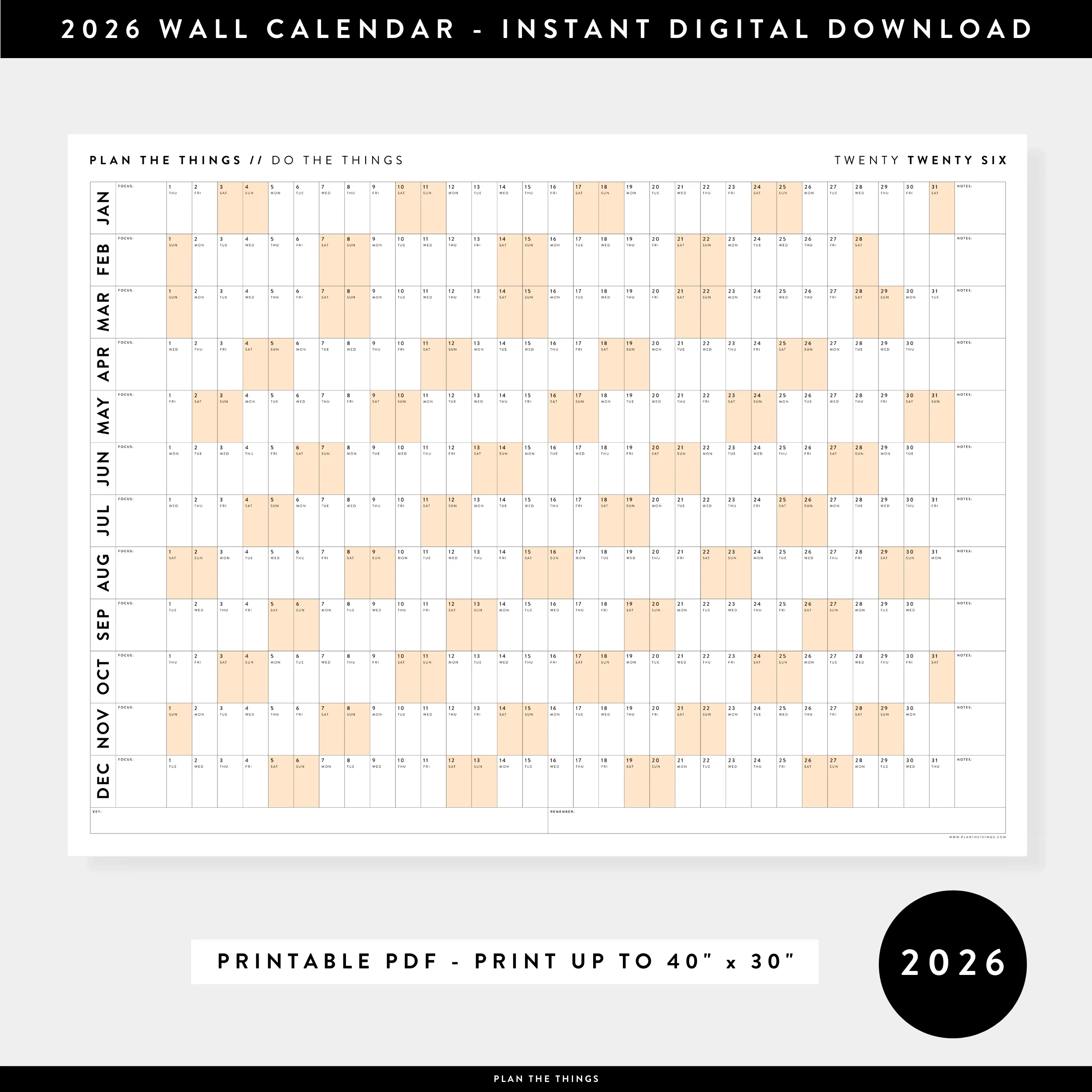 PRINTABLE 2026 HORIZONTAL WALL CALENDAR WITH ORANGE WEEKENDS INSTANT Plan The Things