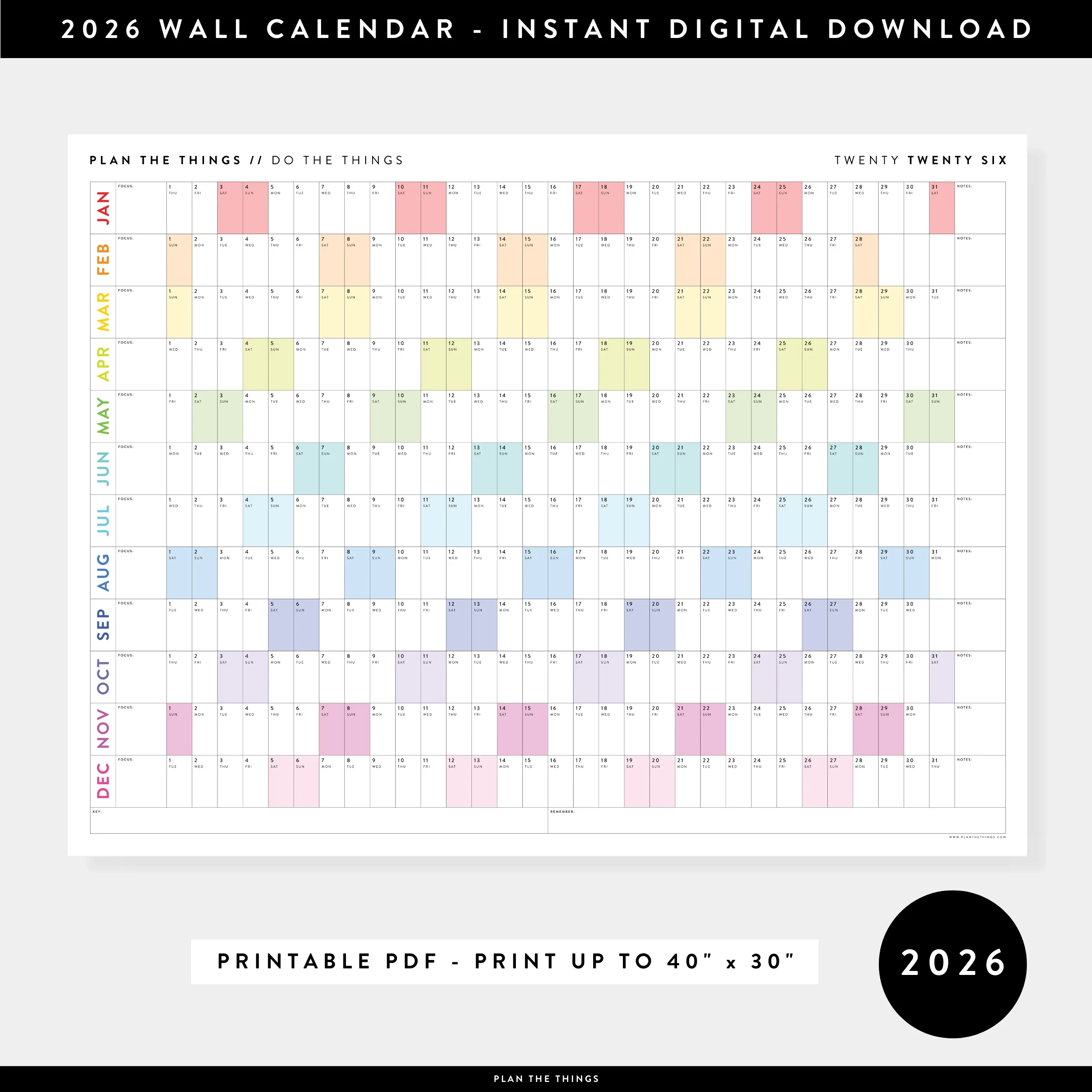 PRINTABLE 2026 HORIZONTAL WALL CALENDAR WITH RAINBOW WEEKENDS INSTAN Plan The Things