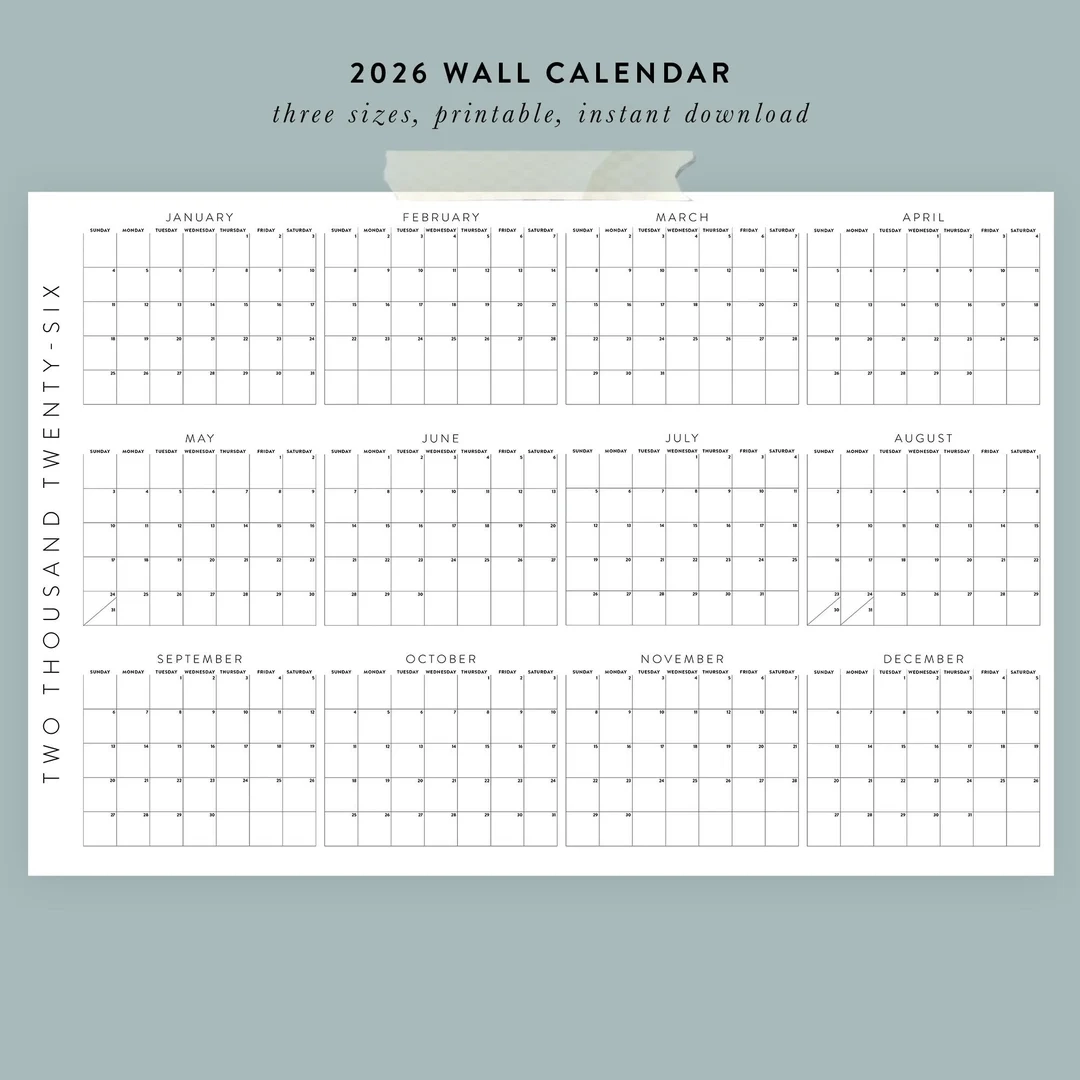 Printable 2026 Wall Calendar 3 Sizes 36x24 24x18 11x8 5 Posters 01 Etsy