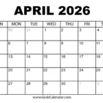 Printable April 2026 Calendar